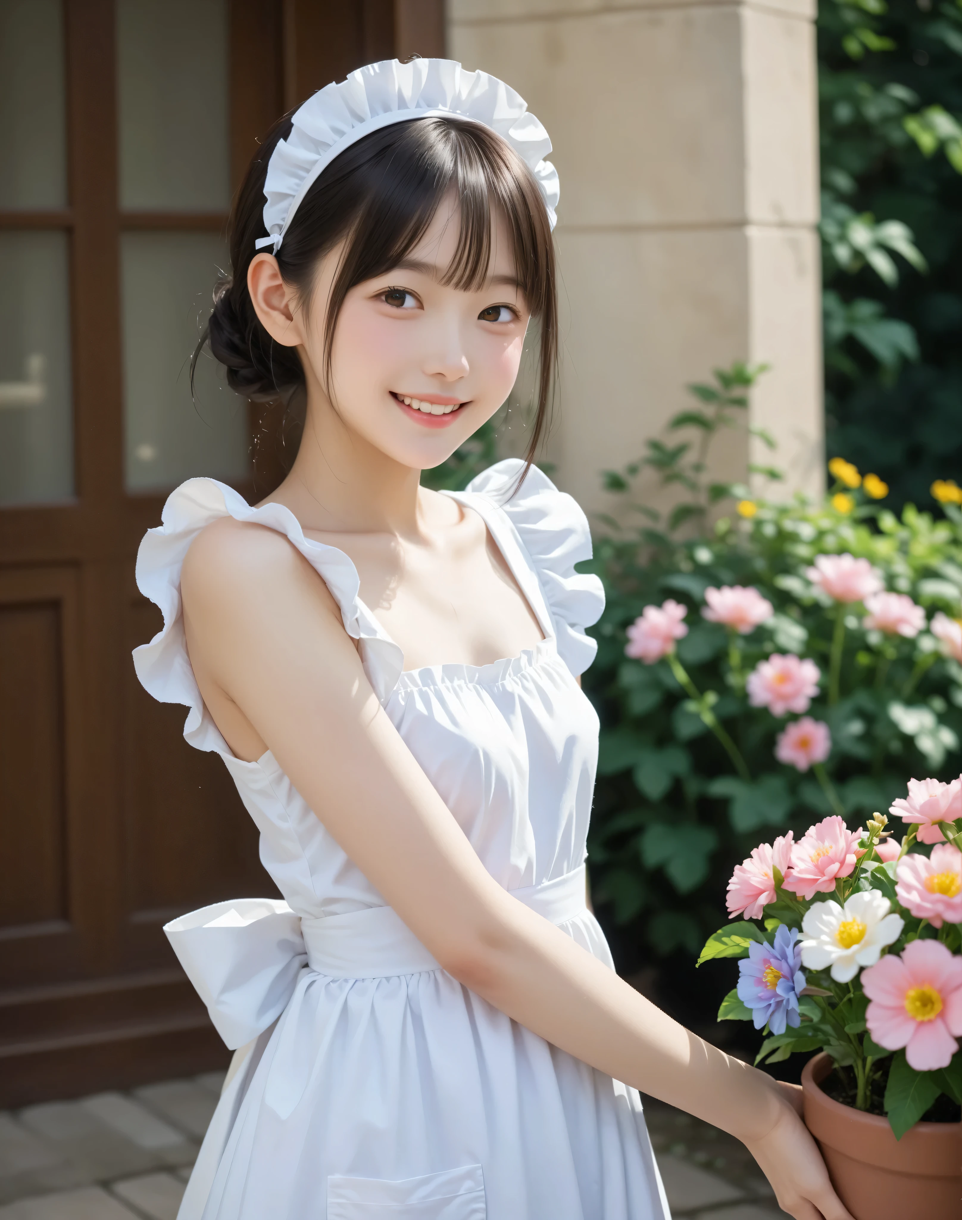 (1人のかわいいyounger日本人の女の子), maids, is watering flowers outside the mansion, My left hand is touching my crotch, watch the viewers,(smile:0.58), (younger:0.95),(skinny:0.83),(big boobs:0.78),The girl looks at me and smiles faintly,From the side