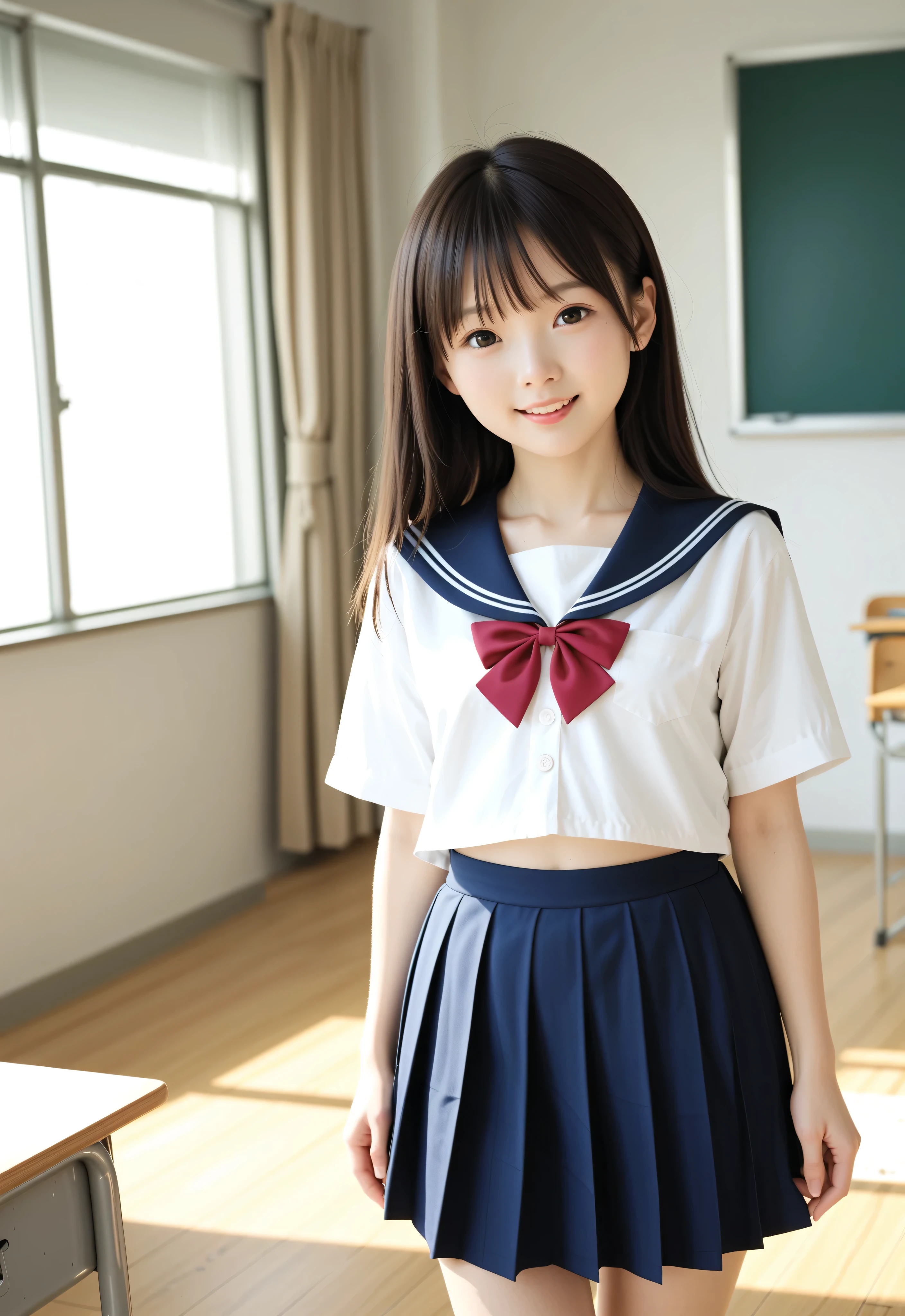 ( white skin:1.0),cute girl,かわいいyounger女の子,slender,short,skinny,slender,thin body,Toddler_body,younger,score_7_ up,score_8_ up,score_9,realistic,School Uniform,school classroom,small butts are not posing,small breasted,sunlight,japanese,Smile Yang:0.4,Narrow Shoulder,Nice,a young and cute girl,younger