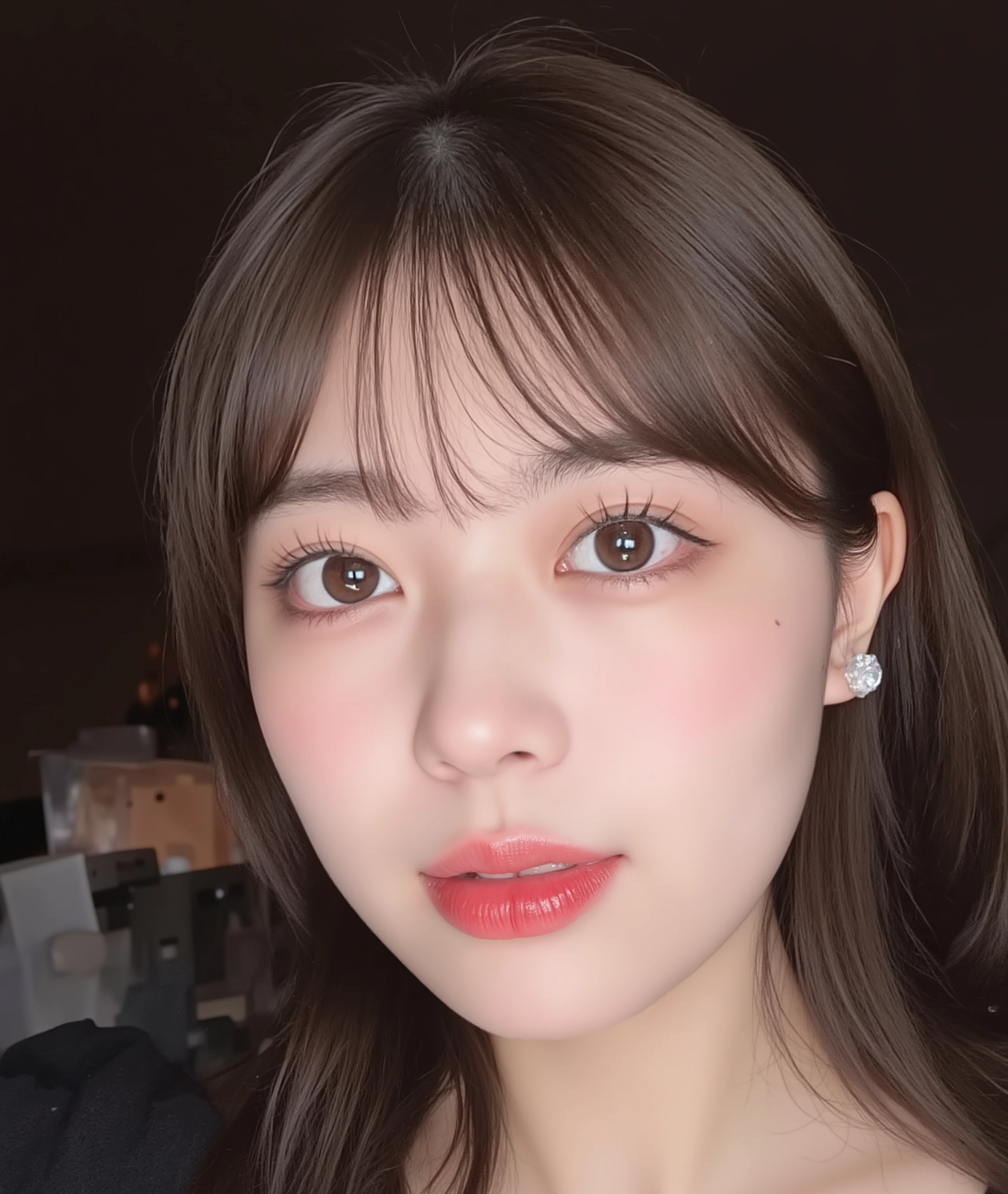 The image is a close-up photograph of a young Asian woman with a fair complexion. Her face dominates the frame, occupying the majority of the image, with her eyes, nose, and lips prominently visible. She has large, almond-shaped eyes with long, thick eyelashes, and her skin is smooth and soft. Her lips are full and slightly parted, revealing a natural, rosy hue. She wears a small silver stud earring in her left ear, adding a subtle touch of personal style.
Her hair is long, dark brown with subtle highlights, and it partially covers her forehead, giving a slightly tousled, casual look. The background is out of focus, but it appears to be a dark, possibly indoor setting, which emphasizes her face and provides a stark contrast to her light complexion. She is wearing a black garment, possibly a top or a sleeve, which is visible at the bottom of the image. The overall mood of the photograph is intimate and personal, capturing a candid moment with a natural, unfiltered aesthetic.