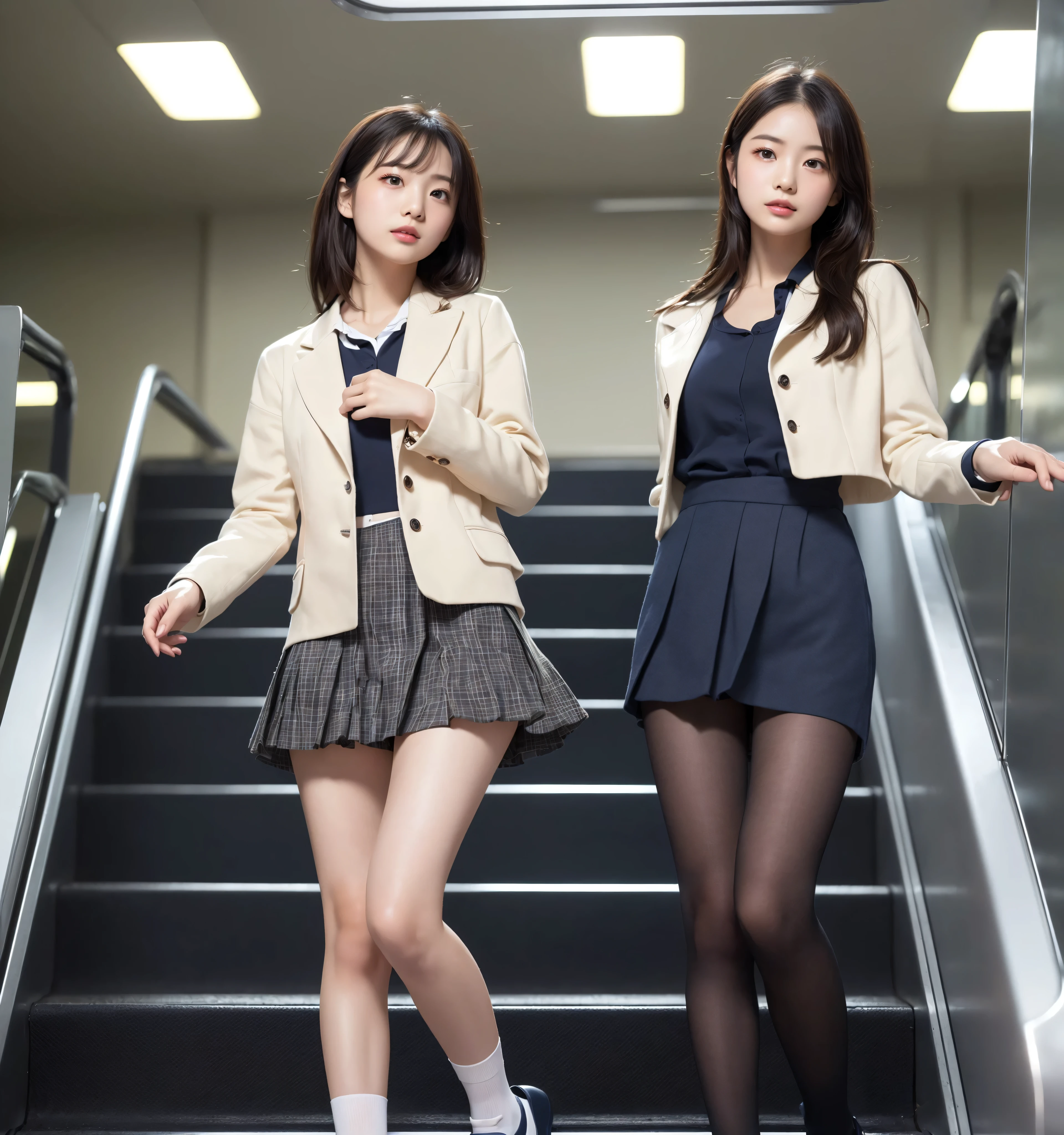 ( flat chest:1.4),( slim figure visible to the navel),6 heads,A,Adolescent girl,anatomically perfect,(Apple cheeks),(Caucasian eyes),(elementary school student is riding an escalator on the way to school)、 glare、(collared jacket, Navy Blue, linen),Increase saturation,slender,Realistic,straight nose,blond hair,(dark brown leather shoes)、,Gant ,High Quality,inseam length is half of height,masterpiece,(Natural eyebrows),(Navy Blue Ankle socks)、(White Lace Panties:1.),white skinned person with perfect figure,(pleated micro mini skirt that only hides areolas, Green Tartan Print),(tight waist:1.2),height 135 cm,ultra high definition,super real,cute idol,(slender thighs:1.2),(Slender Hips:1.2),(blue eyes),model style body,(Long Legs:1,4),(from below:1.4),(look down, Viewers watch :1.4),subjective shot,(big eyes),(from behind:1.4),(thin legs:1.4),(legs long:1.4),(Shot from between legs:1.4),(close up shot of socks:1.4)