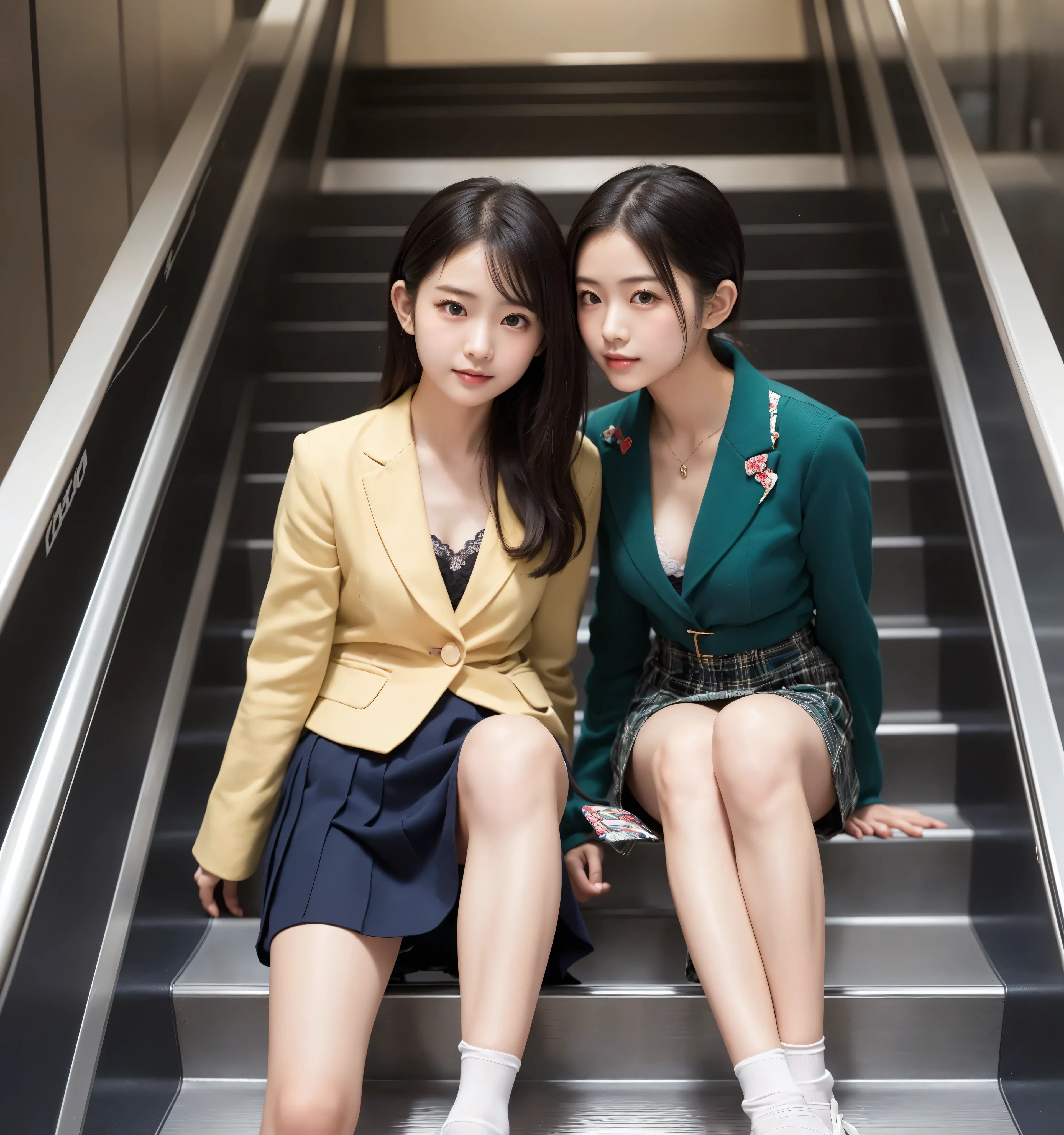 ( flat chest:1.4),( slim figure visible to the navel),6 heads,A,Adolescent girl,anatomically perfect,(Apple cheeks),(Caucasian eyes),(elementary school student is riding an escalator on the way to school)、 glare、(collared jacket, Navy Blue, linen),Increase saturation,slender,Realistic,straight nose,blond hair,(dark brown leather shoes)、,Gant ,High Quality,inseam length is half of height,masterpiece,(Natural eyebrows),(Navy Blue Ankle socks)、(White Lace Panties:1.),white skinned person with perfect figure,(pleated micro mini skirt that only hides areolas, Green Tartan Print),(tight waist:1.2),height 135 cm,ultra high definition,super real,cute idol,(slender thighs:1.2),(Slender Hips:1.2),(blue eyes),model style body,(Long Legs:1,4),(from below:1.4),(look down, Viewers watch :1.4),subjective shot,(big eyes),(from behind:1.4),(thin legs:1.4),(legs long:1.4),(Shot from between legs:1.4),(close up shot of socks:1.4)