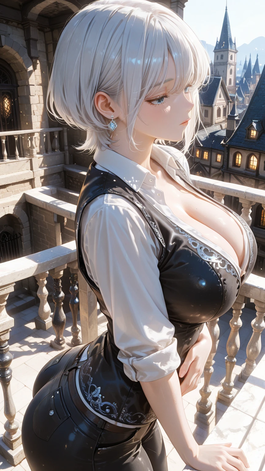 1 Private Wife，alone，long hair，Huge Breasts，cleavage，left eye red eye，Right eye green eye，Sexy，Short silver hair，Mature female，widow，(masterpiece: 1.0，(the best_quality: 1.0)，silence，Black Armor，Fantasy World，Board hairstyle，Calm down，Inside the Palace，In a meeting，Upper body close-up，lipstick，During the sermon