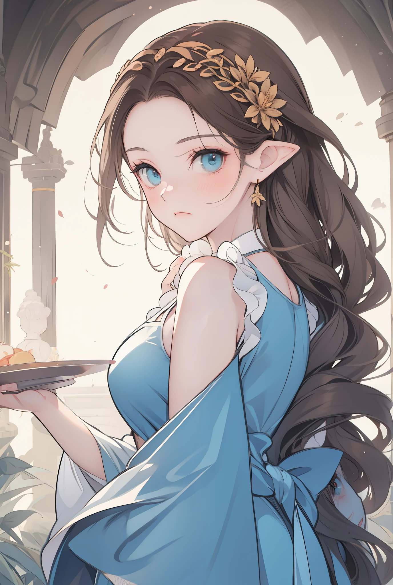 a young princess, innocent, brown hair, long and luscious, exposed forehead, elf ears, heavenly eyes, long hair, light blue dress with ruffles, Victorian apron for women, a delicate headband on the head, solemn and pure presence