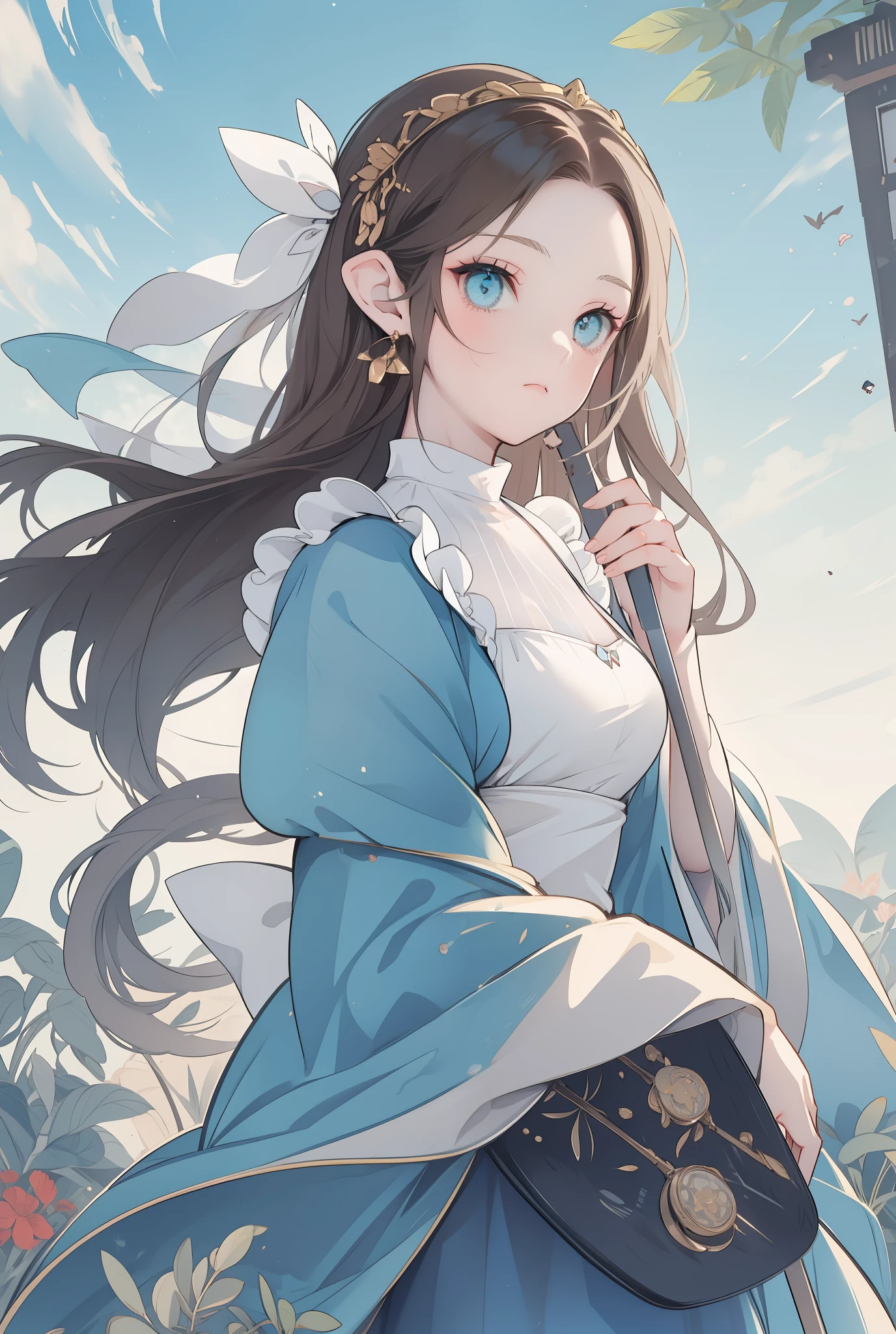 a young princess, innocent, brown hair, long and luscious, exposed forehead, elf ears, heavenly eyes, long hair, light blue dress with ruffles, Victorian apron for women, a delicate headband on the head, solemn and pure presence, Watching feathers fall from the sky