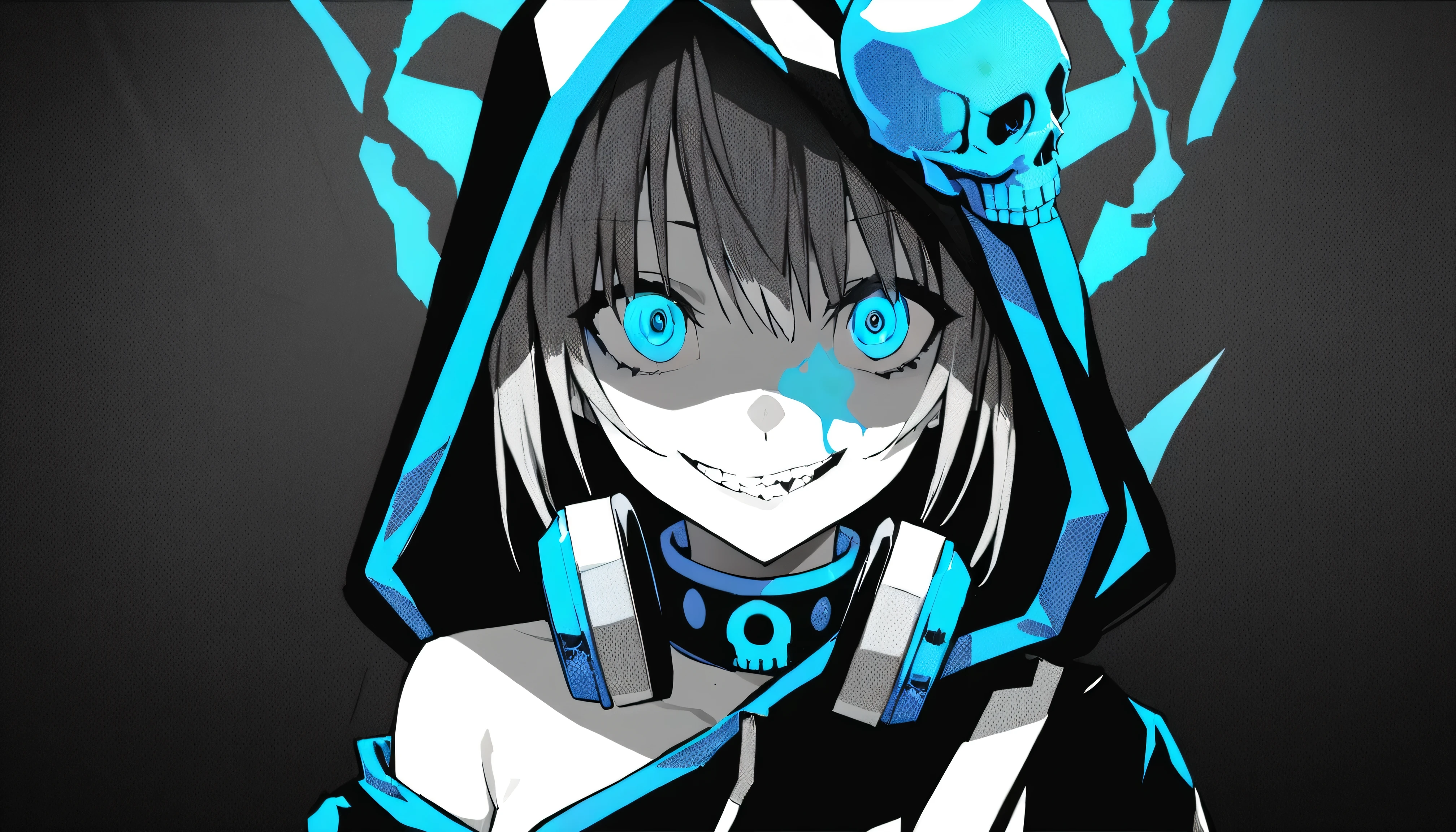  ((Background、Blue Glowing Skull、Blood))、masterpiece, Highest Quality, ((1 girl：The arrangement is centered)), ((Background、Blue Glowing Skull、Blood))、Spikes, ((solo)), headphones , Crazy smile, , spiked Color, Illness、monochrome, 色つきのheadphones around neck,yandere, Black background, Color, is watching viewers, bare shoulder, Shining blue eyes, （hairstyle：hooded）、Wizard's Robe Outfit