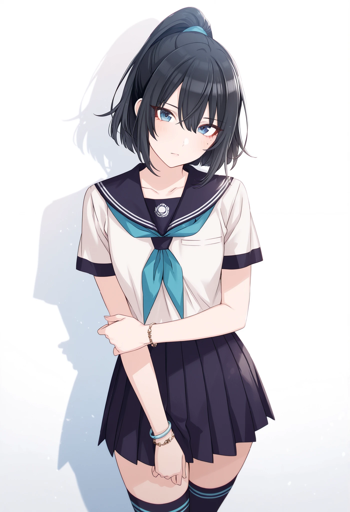 tomari-veryberry00-style, 1girl, slim body, black hair, blue eyes, one mole, mole under eyes, tsurime, short hair, high ponytail,  ((seifuku)), thighhighs, zettai_ryouiki, bracelet, ,  cowboy shot, thighs, (no background),(white background), , looking at viewer, (aged up:1.2), (flat ), head tilt, hold own arm,
<lora:XL-Tomari-veryberry00-ILXL:1>, (masterpiece),(best quality),(ultra-detailed),(best illustration),(best shadow),(absurdres),(detailed background),(very aesthetic), from above,