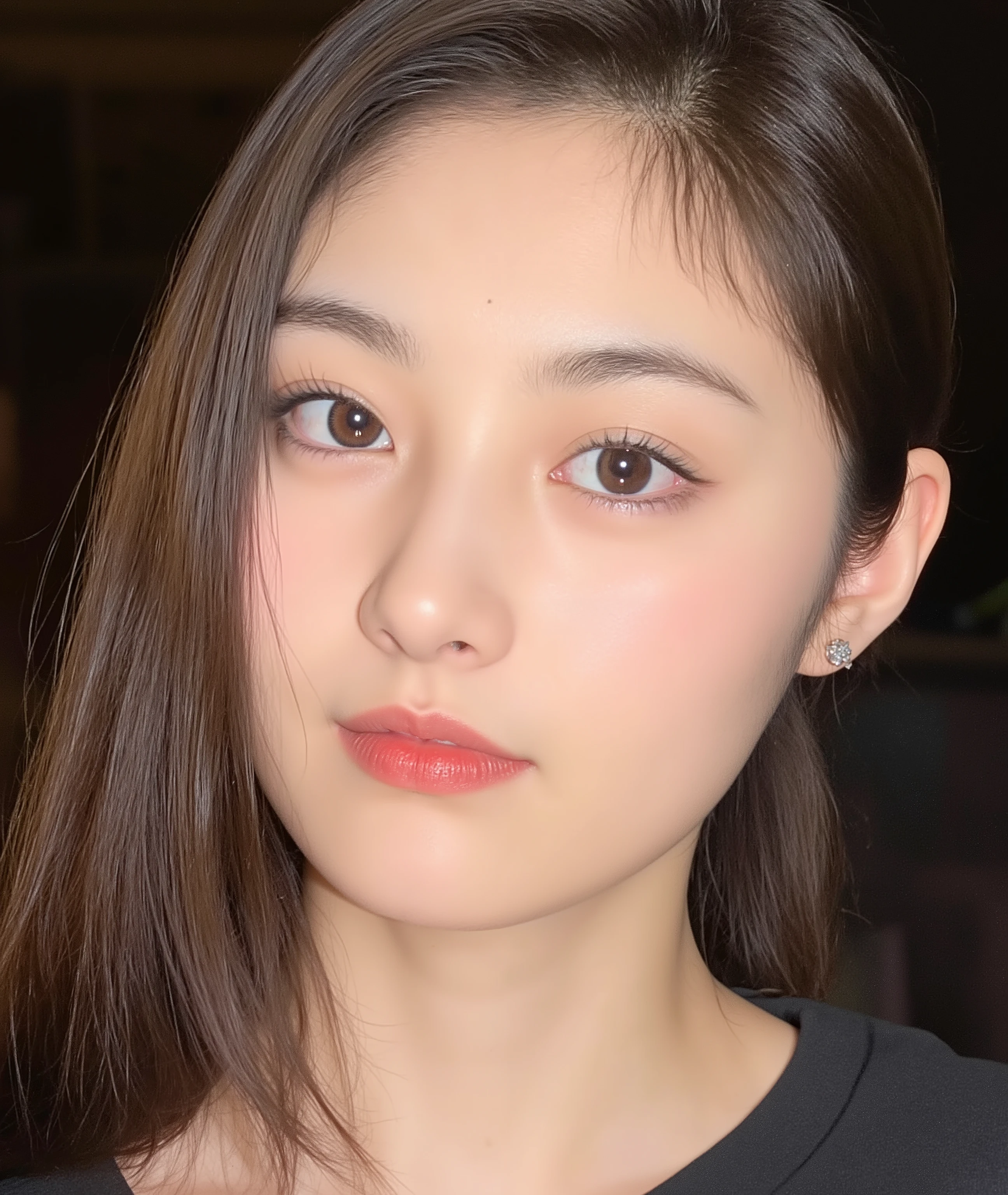 The image is a close-up photograph of a young Asian woman with a fair complexion. Her face dominates the frame, occupying the majority of the image, with her eyes, nose, and lips prominently visible. She has large, almond-shaped eyes with long, thick eyelashes, and her skin is smooth and soft. Her lips are full and slightly parted, revealing a natural, rosy hue. She wears a small silver stud earring in her left ear, adding a subtle touch of personal style.
Her hair is long, dark brown with subtle highlights, and it partially covers her forehead, giving a slightly tousled, casual look. The background is out of focus, but it appears to be a dark, possibly indoor setting, which emphasizes her face and provides a stark contrast to her light complexion. She is wearing a black garment, possibly a top or a sleeve, which is visible at the bottom of the image. The overall mood of the photograph is intimate and personal, capturing a candid moment with a natural, unfiltered aesthetic.