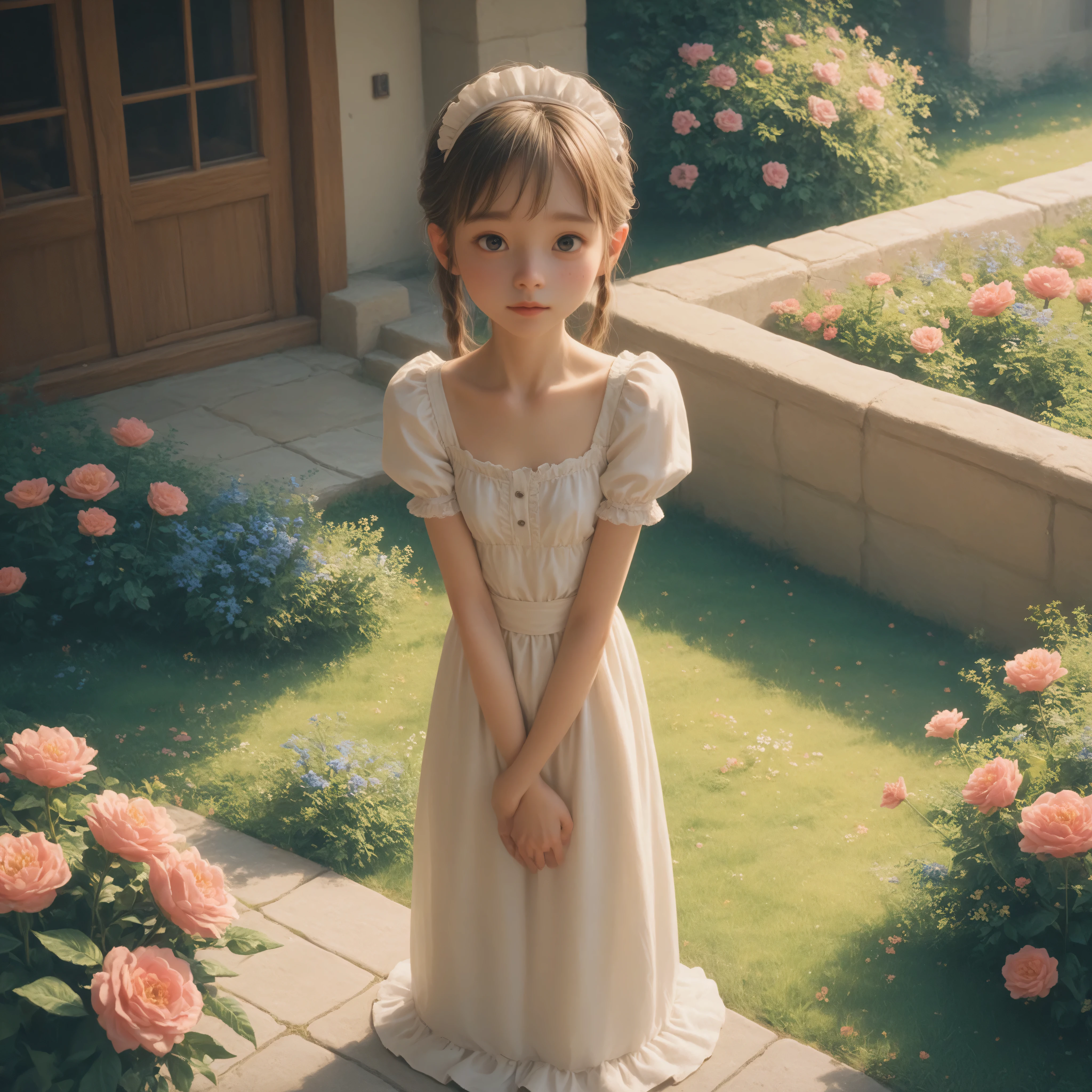 1 Girl、maids,Look at the audience,(skinny:1.35),(younger:0.05),from above,lean forward,is watering flowers outside the mansion,japanese,(Smile Yang:0.24),My left hand is touching my