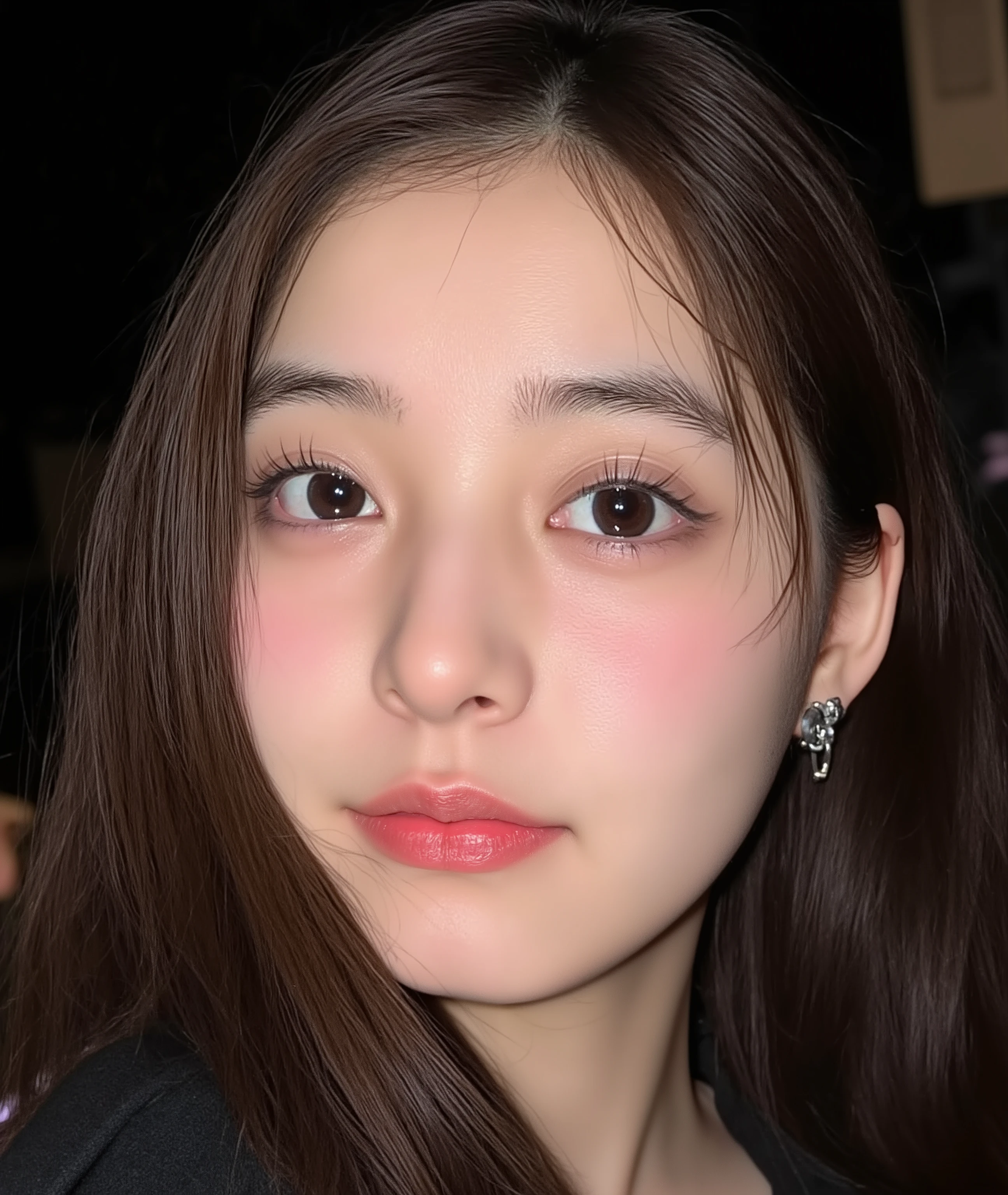 The image is a close-up photograph of a young Asian woman with a fair complexion. Her face dominates the frame, occupying the majority of the image, with her eyes, nose, and lips prominently visible. She has large, almond-shaped eyes with long, thick eyelashes, and her skin is smooth and soft. Her lips are full and slightly parted, revealing a natural, rosy hue. She wears a small silver stud earring in her left ear, adding a subtle touch of personal style.
Her hair is long, dark brown with subtle highlights, and it partially covers her forehead, giving a slightly tousled, casual look. The background is out of focus, but it appears to be a dark, possibly indoor setting, which emphasizes her face and provides a stark contrast to her light complexion. She is wearing a black garment, possibly a top or a sleeve, which is visible at the bottom of the image. The overall mood of the photograph is intimate and personal, capturing a candid moment with a natural, unfiltered aesthetic.
