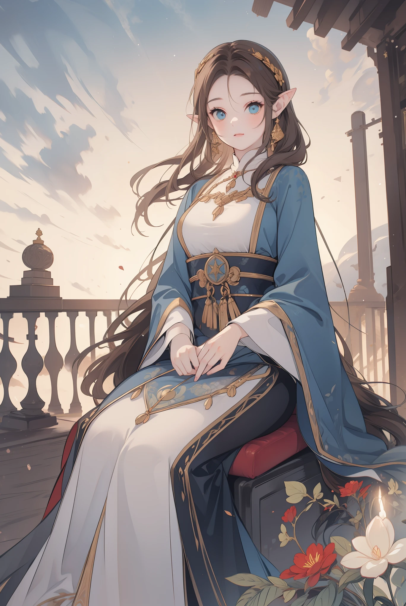 a young princess, innocent, rounded cheeks, brown hair, long and luscious, exposed forehead, elf ears, heavenly eyes, long hair, elegant sky senate dress, Frilly, a delicate headband on the head, solemn and pure presence, Sitting in a medieval senate, Kingdom