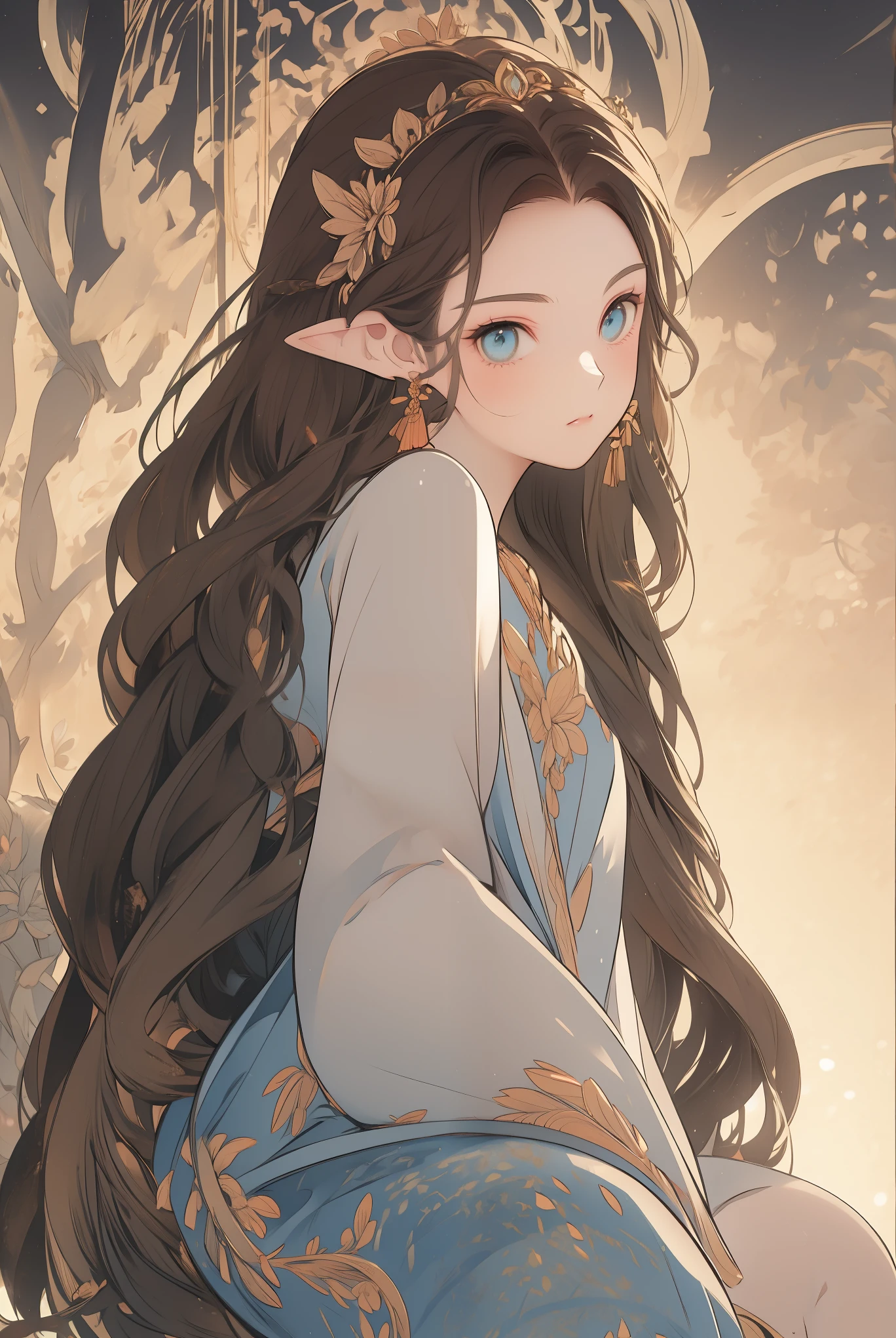 a young princess, innocent, rounded cheeks, brown hair, long and luscious, exposed forehead, elf ears, heavenly eyes, long hair, elegant sky senate dress, Frilly, a delicate headband on the head, solemn and pure presence, Sitting in a medieval senate, Kingdom
