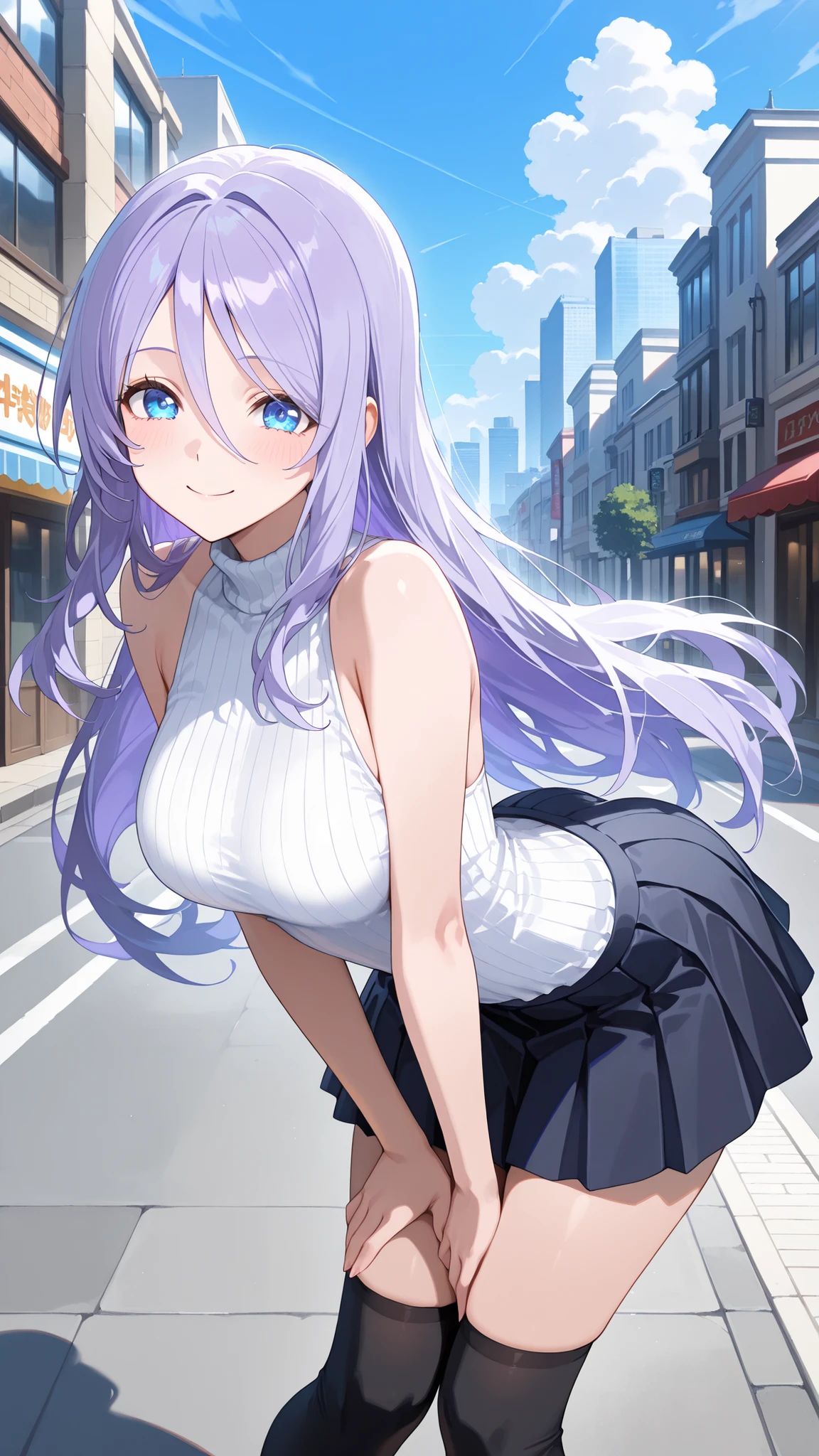 masterpiece,best quality,highre,ultra-detailed,detailed illustration,source_anime,1girl,solo,slender,Shizuru,purple hair, long hair, blue eyes,enchanting eyes,highly detailed eyes,hair between eyes,white sleeveless sweater,black pleated miniskirt,black over kneehighs,outdoor,happy,city,street,blue sky,day,smile,standing, bent over, arched back, twisted torso, butt out, hands on lap, bent knees slightly