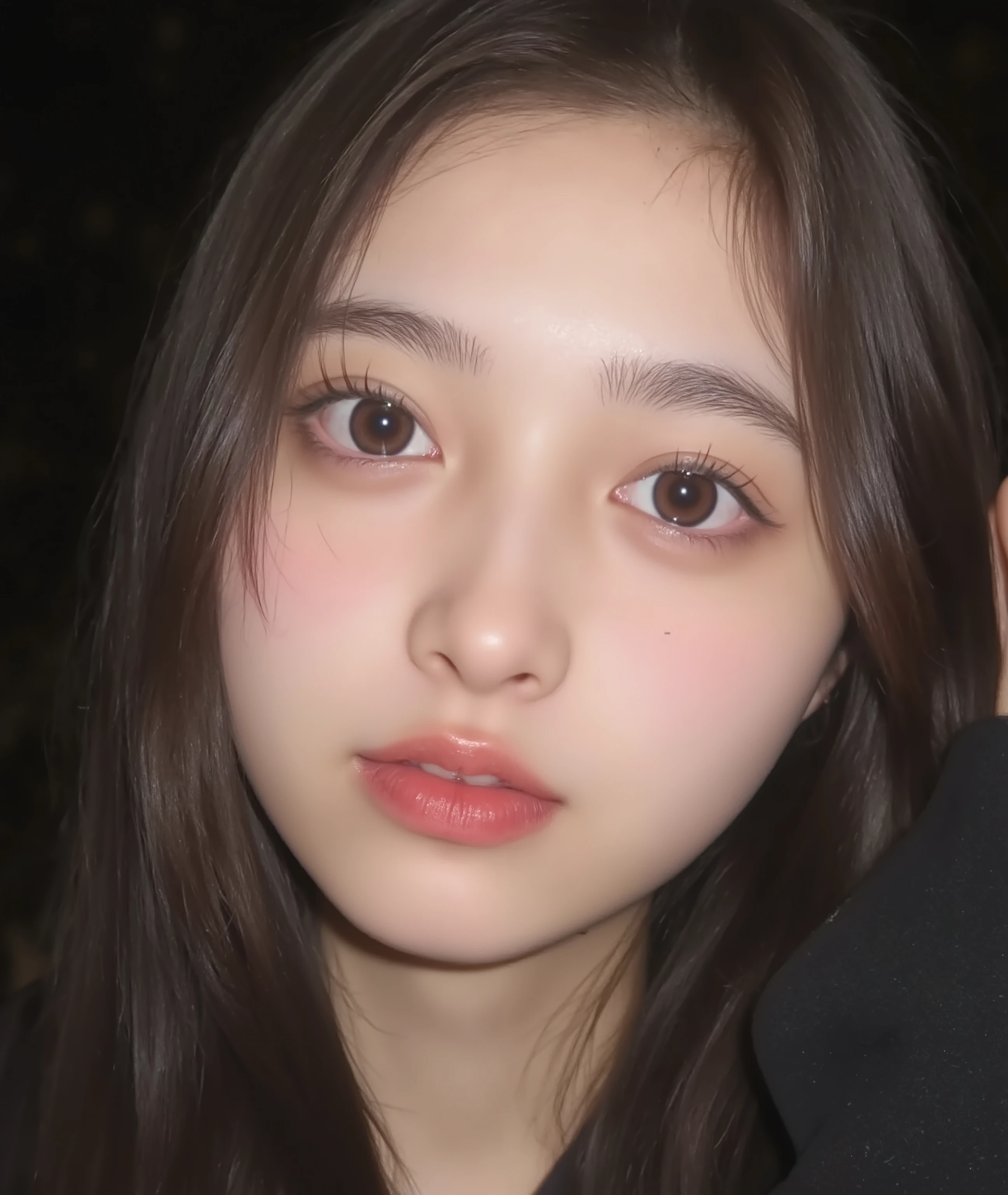 The image is a close-up photograph of a young Asian woman with a fair complexion. Her face dominates the frame, occupying the majority of the image, with her eyes, nose, and lips prominently visible. She has large, almond-shaped eyes with long, thick eyelashes, and her skin is smooth and soft. Her lips are full and slightly parted, revealing a natural, rosy hue. She wears a small silver stud earring in her left ear, adding a subtle touch of personal style.
Her hair is long, dark brown with subtle highlights, and it partially covers her forehead, giving a slightly tousled, casual look. The background is out of focus, but it appears to be a dark, possibly indoor setting, which emphasizes her face and provides a stark contrast to her light complexion. She is wearing a black garment, possibly a top or a sleeve, which is visible at the bottom of the image. The overall mood of the photograph is intimate and personal, capturing a candid moment with a natural, unfiltered aesthetic.