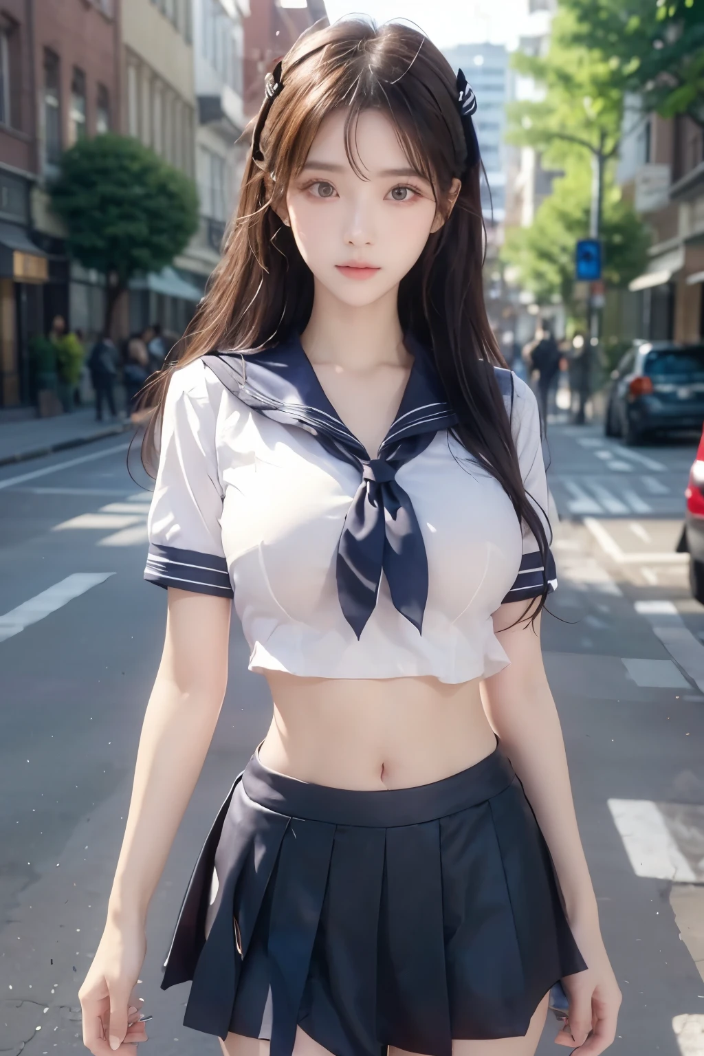 
( Super High Definition), (I'm looking over here), (school uniform:1.2, sailor suit, flared skirt), (Big Breasts:1.2), (Slimness:1.8), ( Read more:1.4), (thin thighs:1.4), ( thin hips:1.6), ( beautiful skin, shiny skin,  white skin), (Super slim face, Super beautiful face, makeup,  Smile :0.8), ( light brown hair,  semi-long,  layered cut ,  fluffy hair), ( big eyes:1.4, High corners of the eyes:1.6,  double eyelids), (Thin eyebrows:0.1), ( small nose:0.6), ( thin lips:0.6), downtown