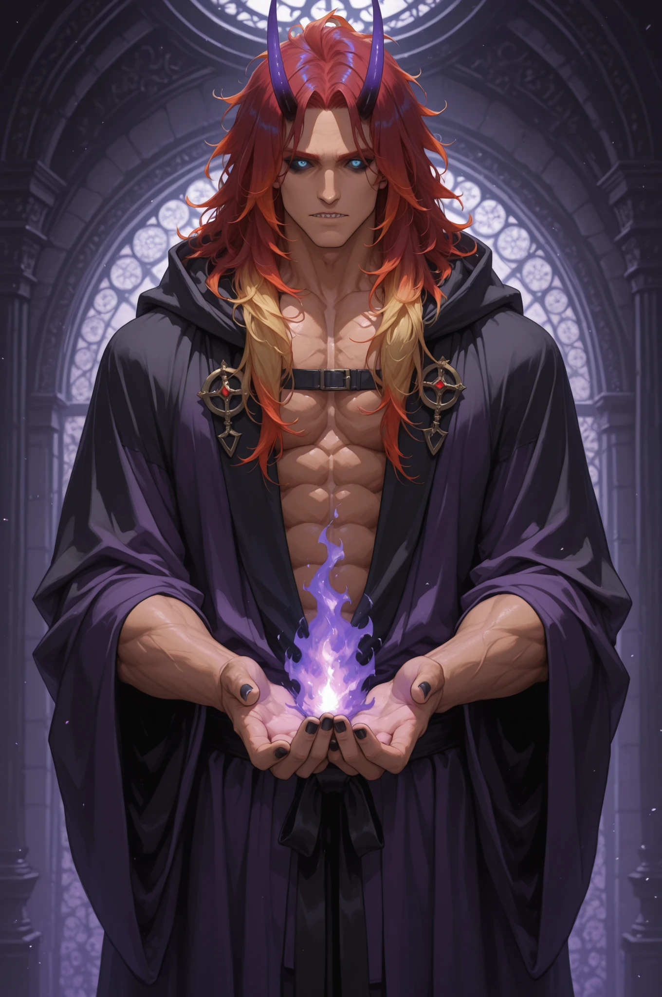 safe_pos, score_9, score_8_up, score_7_up (zPDXL3)  Stable_Yogis_PDXL_Positives,  BREAK inside, carrier_plane, red_lights

1guy, solo, tall, (light_skin_tone:1.3), muscular_arms, long_hair, messy_hair, blonde_hair, (Red_hair_highlights), black nails, claws, Oni_horns, sharp_teeth, happy_expression, wide_eyes, blue_eyes, black_sclera, standing, black_wizard_robe, Black_hood, black_combat_boots, (purple_fire_on_hands:1.3), looking down at viewer, Mature looks, 8k, (masterpiece) Expressiveh