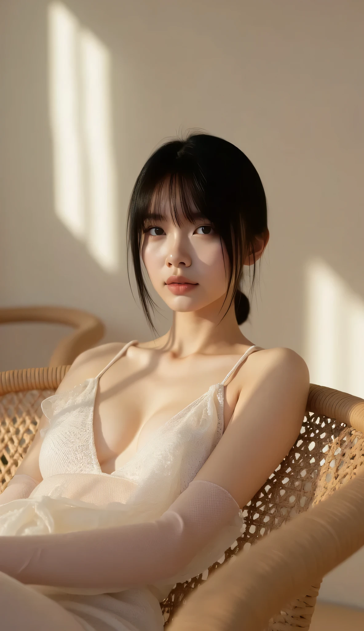 High quality, 8K Ultra HD, A high-fashion editorial video scene of a woman lounging in a minimalist interior. 若いアジア系女性、スリムな体型、前髪のある短い黒髪、目を閉じている • 服装:黒いレースのパンティー、上半身は裸で手で部分的に覆っている • 身だしなみ:滑らかな肌、赤い唇のナチュラルメイク、整えられた短い髪 シーン: • 場所:木製の床とソファのある屋内のリビングルーム • 時間帯:夕方、温かみのある人工照明 • 環境:ランプと小さなテーブルのある、居心地の良い薄暗い空間 視覚的な詳細: • アクション:胸を手で覆って横たわっている • 小道具:フロアランプ、本が置かれた小さなサイドテーブル • 物理:ランプの光による柔らかな影 撮影: • 照明:ランプからの温かく柔らかなサイドライトがドラマチックな影を作り出している • トーン:親密で穏やか • カラーパレット:暖色系、ブラウン、ブラック、柔らかな肌の色合い The camera focuses on the interplay of texture—mesh fabric, soft skin tones, and woven wood—highlighted by soft, natural lighting. The mood is confident and avant-garde, capturing the essence of contemporary fashion photography with bold composition and subtle movement.