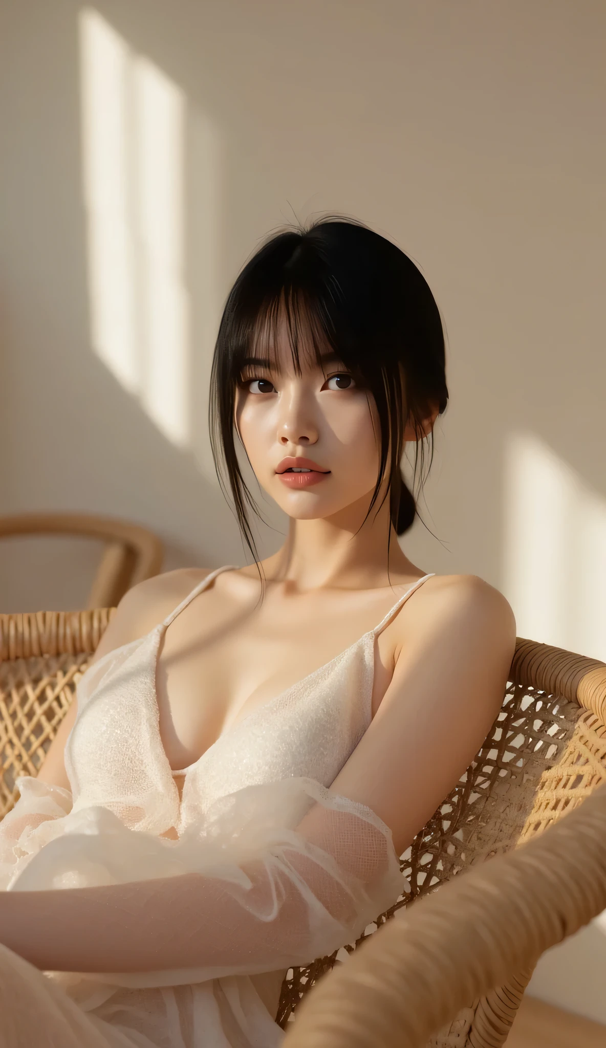 High quality, 8K Ultra HD, A high-fashion editorial video scene of a woman lounging in a minimalist interior. 若いアジア系女性、スリムな体型、前髪のある短い黒髪、目を閉じている • 服装:黒いレースのパンティー、上半身は裸で手で部分的に覆っている • 身だしなみ:滑らかな肌、赤い唇のナチュラルメイク、整えられた短い髪 シーン: • 場所:木製の床とソファのある屋内のリビングルーム • 時間帯:夕方、温かみのある人工照明 • 環境:ランプと小さなテーブルのある、居心地の良い薄暗い空間 視覚的な詳細: • アクション:胸を手で覆って横たわっている • 小道具:フロアランプ、本が置かれた小さなサイドテーブル • 物理:ランプの光による柔らかな影 撮影: • 照明:ランプからの温かく柔らかなサイドライトがドラマチックな影を作り出している • トーン:親密で穏やか • カラーパレット:暖色系、ブラウン、ブラック、柔らかな肌の色合い The camera focuses on the interplay of texture—mesh fabric, soft skin tones, and woven wood—highlighted by soft, natural lighting. The mood is confident and avant-garde, capturing the essence of contemporary fashion photography with bold composition and subtle movement.