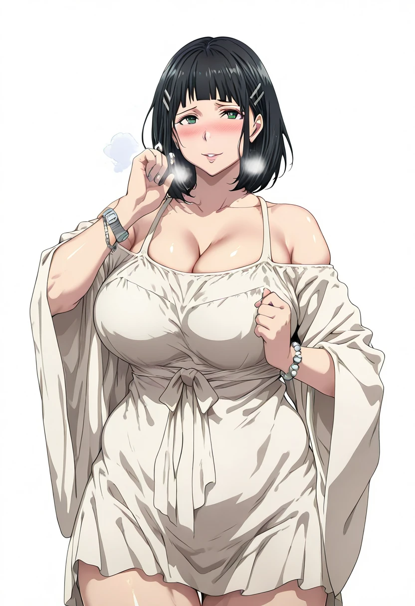 L_Cation2, Babu-style, Hgk, (kunaboto-style:1.2), (suou-sensei-style:1.4), (saintshiro-style:1.3), (anegawa_eiji-style:1.2), (anime coloring, anime screencap), shiny skin, (voluptuous body:1.4), (mature female:1.4), (cellulite:1.3), ((anatomical correct)), ((newest, high quality, perfect composition, eye-catching, flat_colors, masterpiece)), perfect body, perfect eyes, perfect fingers, gasping, heavy breathing, gasping profusely, ((skindentation)), ((curvy, thigh gap)) suguha kirigaya, short hair, (black hair:1.3), hair ornament, hairclip, green eyes, mature female, bright pupils, plump, 1girl, breasts, solo, dress, bare_shoulders, looking_at_viewer, cleavage, white_background, white_dress, bracelet, smile, simple_background, blush, jewelry, parted_lips, collarbone, off_shoulder, wide_sleeves