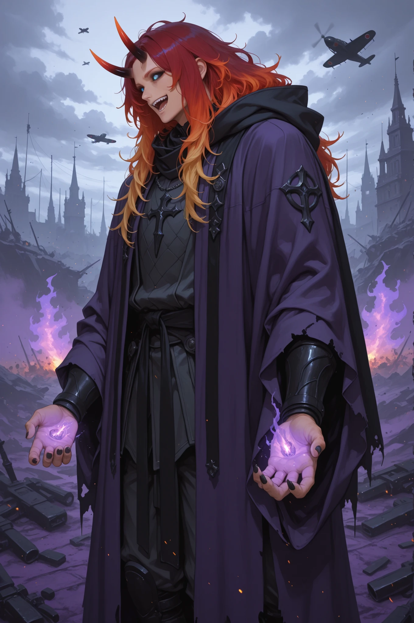 safe_pos, score_9, score_8_up, score_7_up (zPDXL3)  Stable_Yogis_PDXL_Positives,  BREAK outside, battlefield, planes_in_sky, purple_explosions

1guy, solo, tall, (light_skin_tone:1.3), muscular_arms, long_hair, messy_hair, blonde_hair, (Red_hair_highlights), black nails, claws, Oni_horns, sharp_teeth, happy_expression, wide_eyes, laughing, blue_eyes, black_sclera, standing, black_wizard_robe, Black_hood, black_combat_boots, (purple_fire_on_hands:1.3), looking_up, side_view, Mature looks, 8k, (masterpiece) Expressiveh