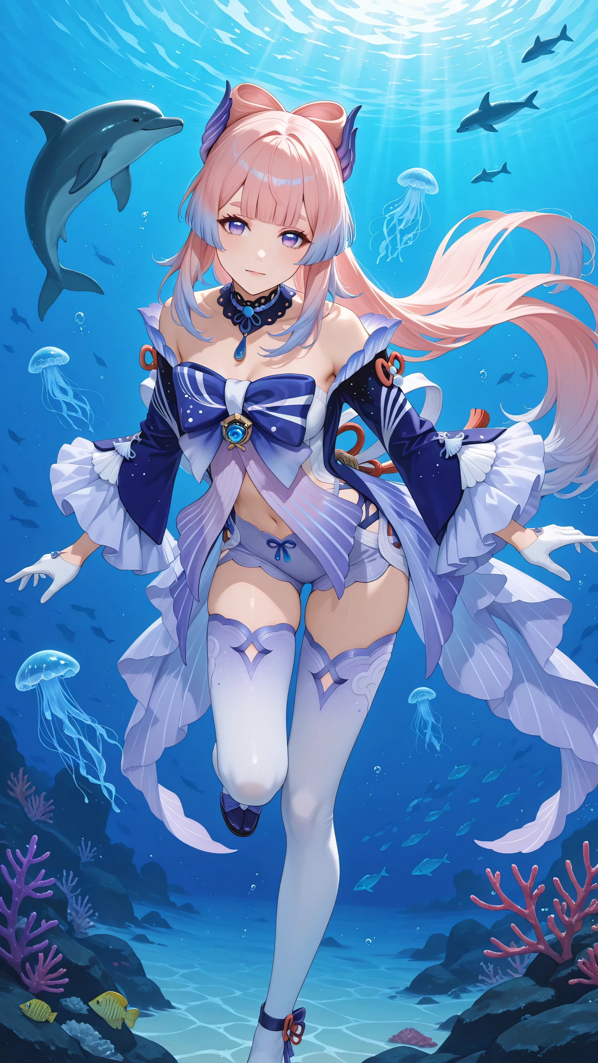 score_9, score_8_up, score_7_up, source_anime,
kokomisangonomiya, <lora:kokomi-sangonomiya-ponyxl-lora-nochekaiser:1>,
kokomi sangonomiya, long hair, bangs, hair ornament, purple eyes, pink hair, sidelocks, multicolored hair, blunt bangs, gradient hair, bow-shaped hair,
thighhighs, gloves, long sleeves, bow, frills, detached sleeves, shorts, white gloves, wide sleeves, bowtie, white thighhighs, frilled sleeves, vision \(genshin impact\),
outdoors, ocean, sea, fish, dolphins, jellyfish, submerged, swimming,
looking at viewer, dynamic pose,