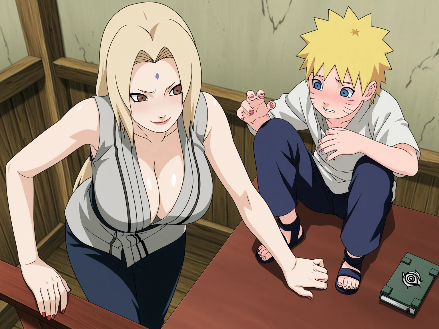 1boy, 1milf. Naruto Uzumaki, shota, blue eyes, yellow-haired and Tsunade Senju, flirty, babies, Tsunade is on her knees , sexy, blonde, brown eyes. and Naruto. Tsunade wears a sleeveless gray shirt, and dark blue pants. She is provocatively seducing and her eyes are fixed on Naruto. Naruto is standing, in her usual outfit, looking suspiciously at Tsunade. He places his right hand on a dark table or railing behind him. In the upper left corner you can see a bit of green slate on the luminous wall. Anime Naruto Style