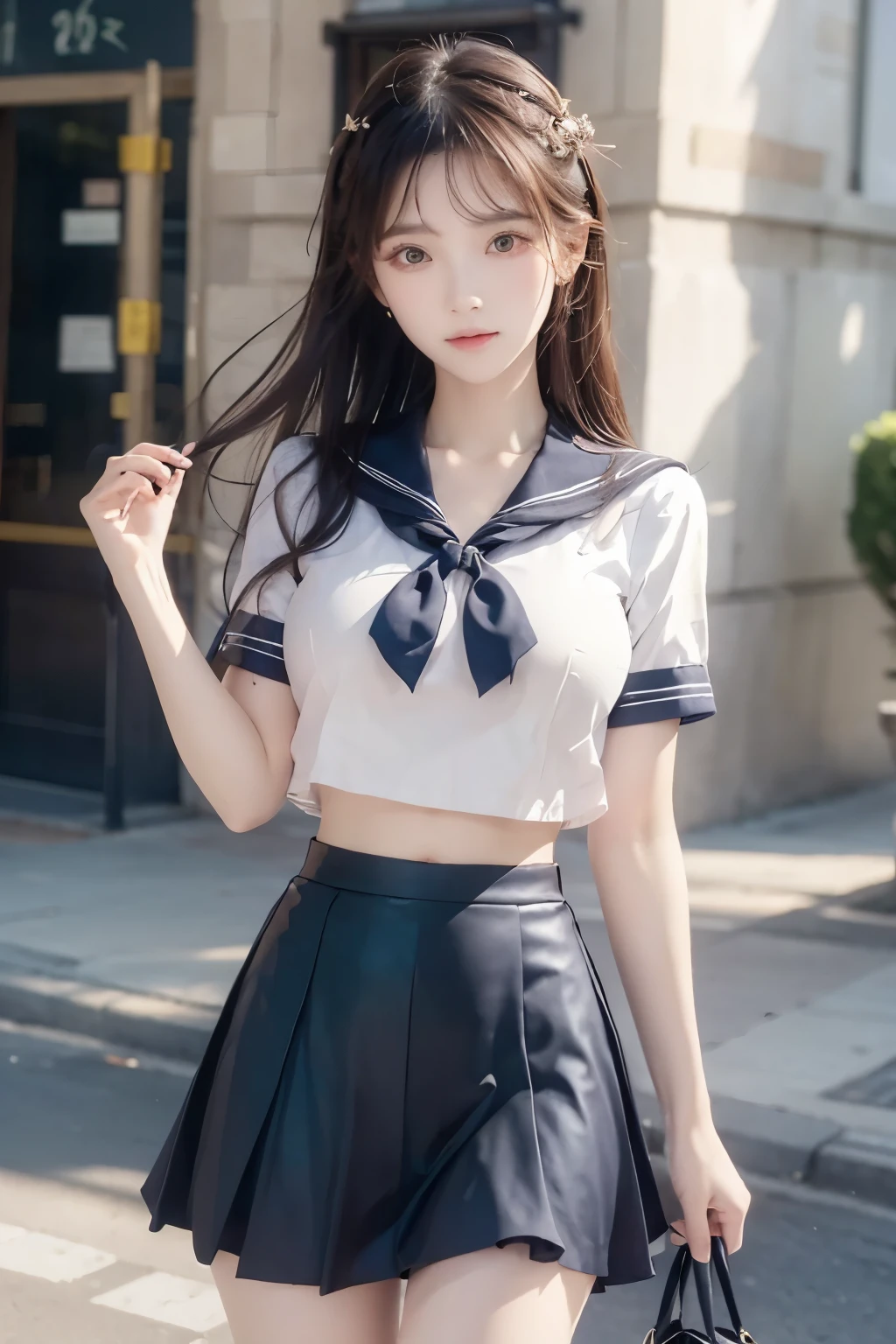 ( Super High Definition), (I'm looking over here), (school uniform:1.2, sailor suit, flared skirt), (Big Breasts:1.2), (Slimness:1.8), ( Read more:1.4), (thin thighs:1.4), ( thin hips:1.6), ( beautiful skin, shiny skin, white skin), (Super slim face, Super beautiful face, makeup, Smile :0.8), ( light brown hair, semi-long, layered cut , fluffy hair), ( big eyes:1.4, High corners of the eyes:1.6, double eyelids), (Thin eyebrows:0.1), ( small nose:0.6), ( thin lips:0.6), downtown