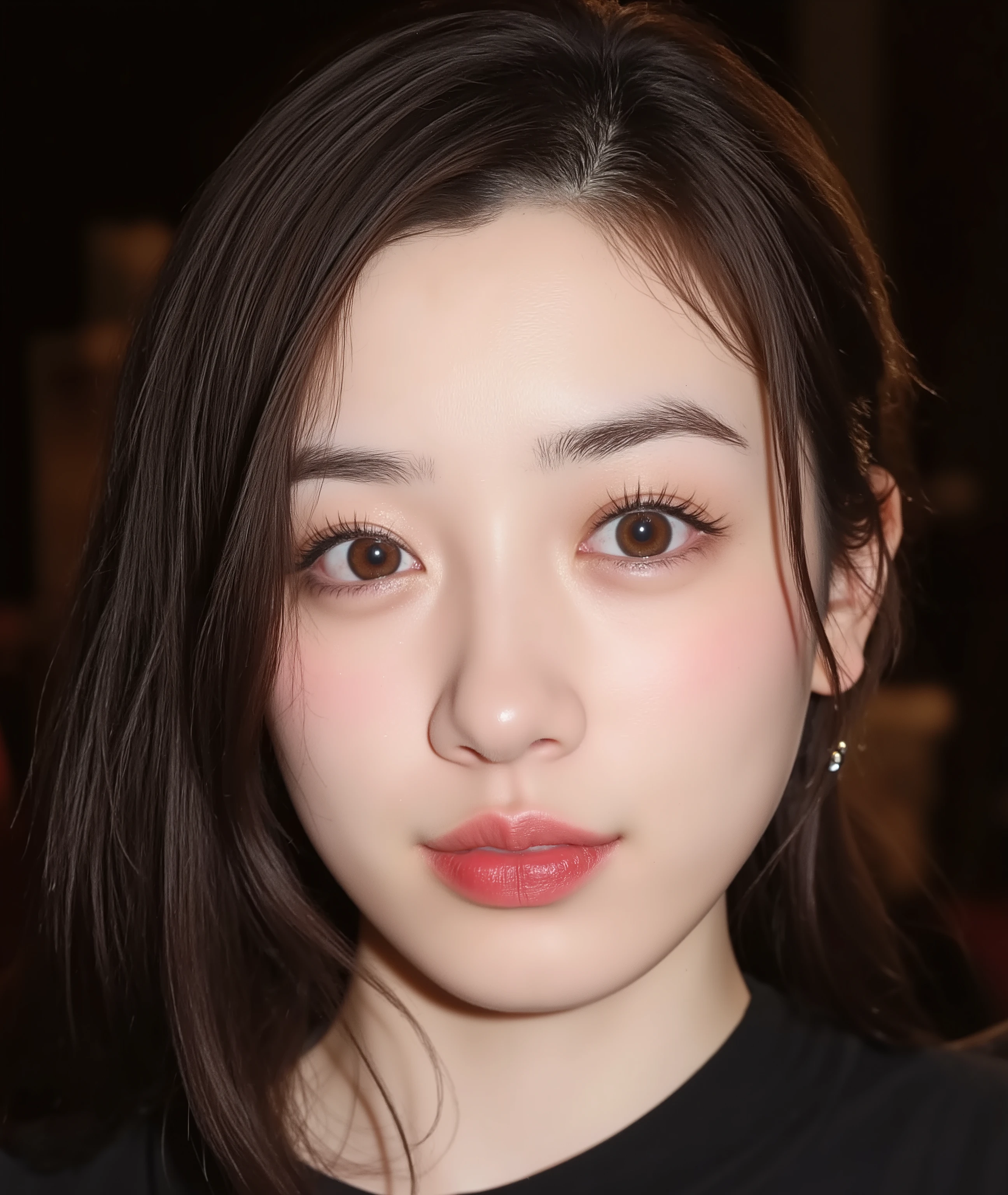 The image is a close-up photograph of a young Asian woman with a fair complexion. Her face dominates the frame, occupying the majority of the image, with her eyes, nose, and lips prominently visible. She has large, almond-shaped eyes with long, thick eyelashes, and her skin is smooth and soft. Her lips are full and slightly parted, revealing a natural, rosy hue. She wears a small silver stud earring in her left ear, adding a subtle touch of personal style.
Her hair is long, dark brown with subtle highlights, and it partially covers her forehead, giving a slightly tousled, casual look. The background is out of focus, but it appears to be a dark, possibly indoor setting, which emphasizes her face and provides a stark contrast to her light complexion. She is wearing a black garment, possibly a top or a sleeve, which is visible at the bottom of the image. The overall mood of the photograph is intimate and personal, capturing a candid moment with a natural, unfiltered aesthetic.