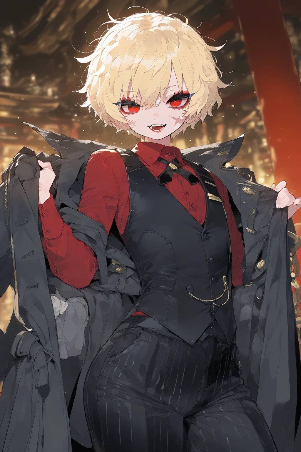 (absurdres, 8k, 4k, masterpiece, hyper extreme detailed:1.2), solo, 1girl, front view, perfect face, 1girl, portrait, looking at viewer, solo, standing, Female, toned body, mature female, , pale, blonde hair, medium hair, sarcastic, delinquent, purple eyes, swept bangs, scars, casual wear, street wear, gross, messy, dirty, bloody, snarky, smirk, medium body, gyaru, crazy face, crazy smile, crazy eyes, hands on , shorts, wind, windy hair, moving hair, black ribbon, hair buns, adventurous, scarf, gloves, draping hair, eye patch, shirt,