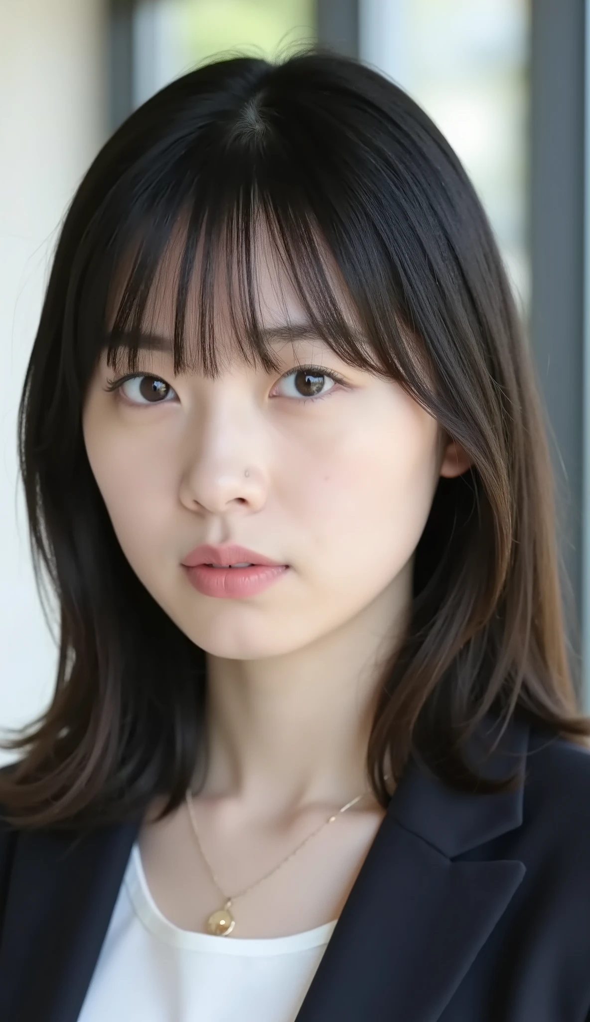 Neat Young Woman、and look at the camera、office lady suit、jacket、shirt、necklace、、ear piercing、前髪あり、No expression、has closed its mouth、顔のクローズアップ、The background is office