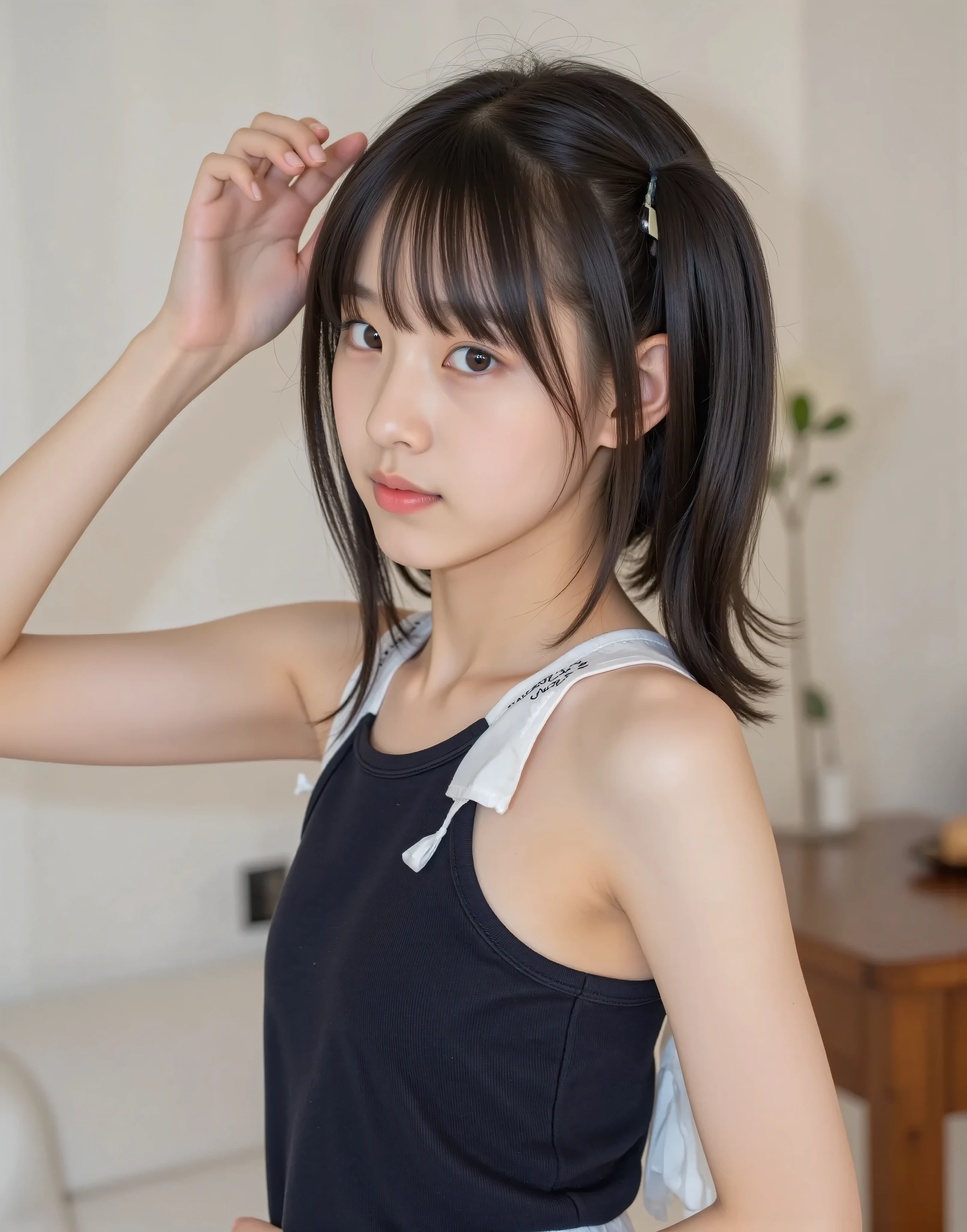 (luxury),((Photo Quality)),(thin body),Thin Arms,twin tails,white shoulders,((Highest Image Quality)),(elementary school student),girls,(perfect face),tank top