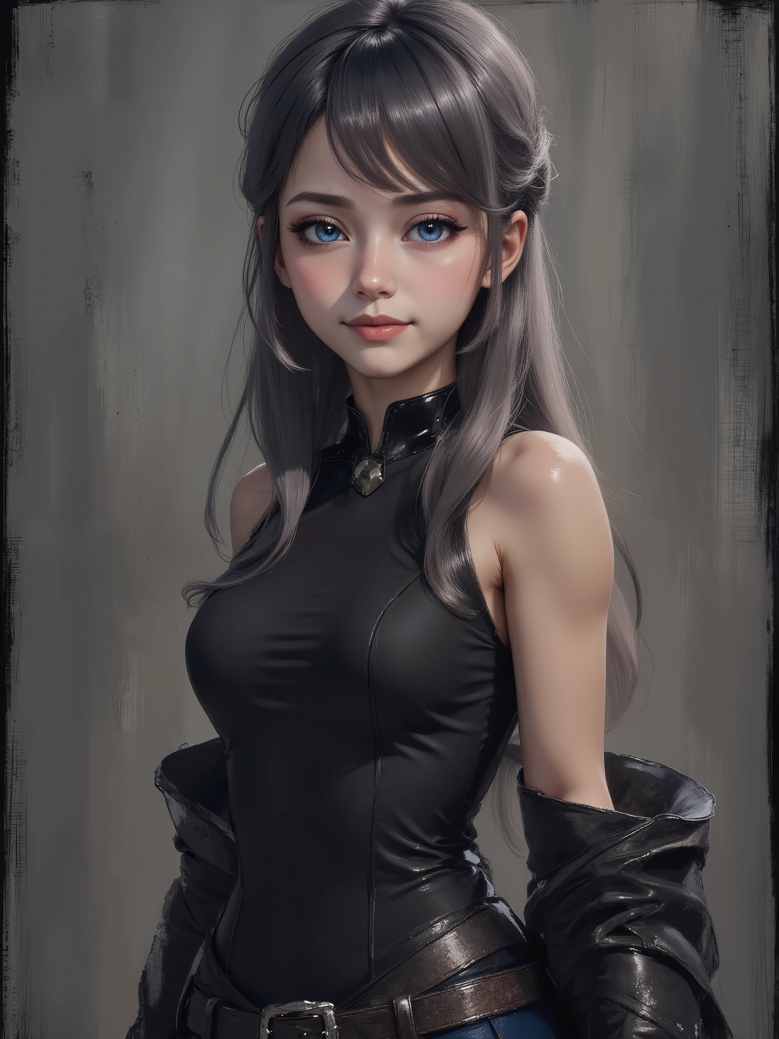 sketch painting, marinette Dopanchan, w1n, A very beautiful and cute 22 year old woman with a slight smile. (((Shy smile))), sharp focus on the face, (((Western eyes:1.5))), (((Extremely detailed ice-blue eyes, beautiful eyes, beautifully detailed eyes))), (((delicately detailed thin pink lips))), (((long hair, shiny hair))), (((black medieval steampunk style sleeveless t-shirt))), (((Dark Blue medieval steampunk style leather warrior pants))), (((full body view, dynamic pose, standing:1.5, graceful pose))), (((The background is Dark Gray and painted with expressive, visible textures using dynamic brushstrokes and strokes that add depth and movement. The paint covers only the area just behind the subject. The outer edges of the image with black margins, as if the background had been painted with a brush and with expressive and visible textures using dynamic brushstrokes and strokes fading toward the edges creating a modern and artistic vignette effect))). Cinematic lighting, soft depth of field, (((masterpiece/high resolution/Best Quality/top quality/high quality/UHD/16k quality))), sharp focus, no blur, film grain, bokeh.