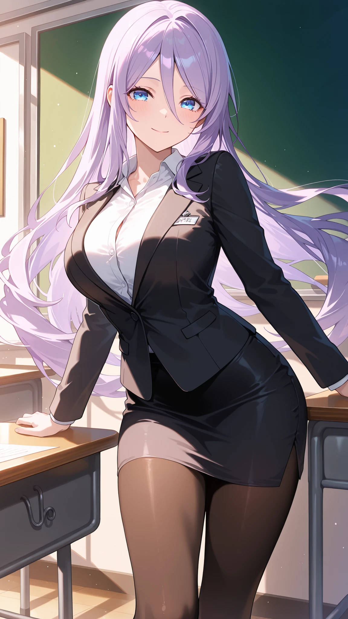 masterpiece,best quality,highre,ultra-detailed,detailed illustration,source_anime,1girl,solo,slender,Shizuru,purple hair, long hair, blue eyes,enchanting eyes,highly detailed eyes,hair between eyes,teacher uniform,black jacket,white shirt,pencil skirt, pantyhose,classroom blackboard,looking at viewer,standing,smile,