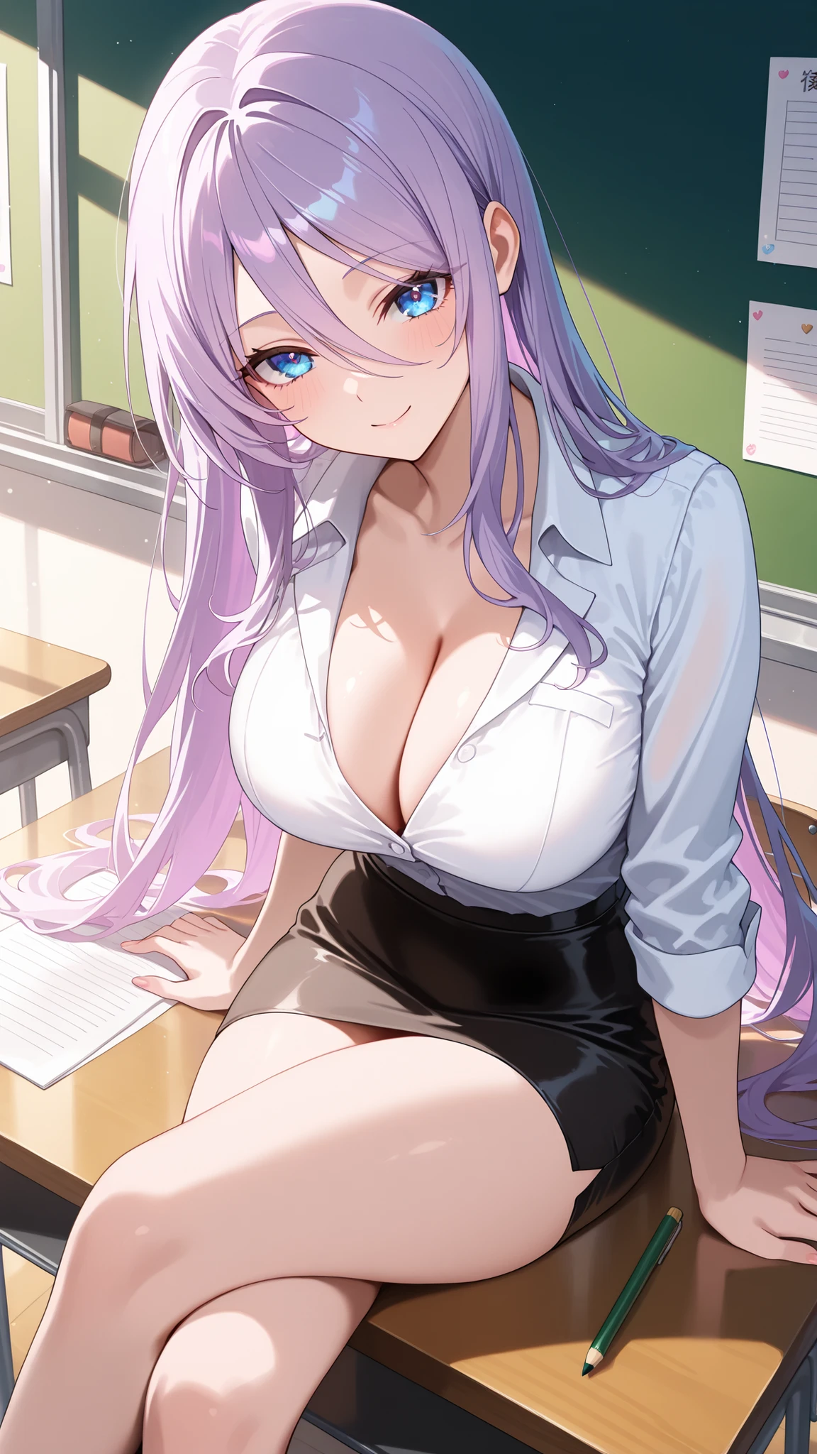 masterpiece,best quality,highre,ultra-detailed,detailed illustration,source_anime,1girl,solo,slender,Shizuru,purple hair, long hair, blue eyes,enchanting eyes,highly detailed eyes,hair between eyes,teacher uniform,whiteshirt,pencil skirt,classroom blackboard,cleavage,looking at viewer,sitting,on desk,seductive smile,crossed legs
