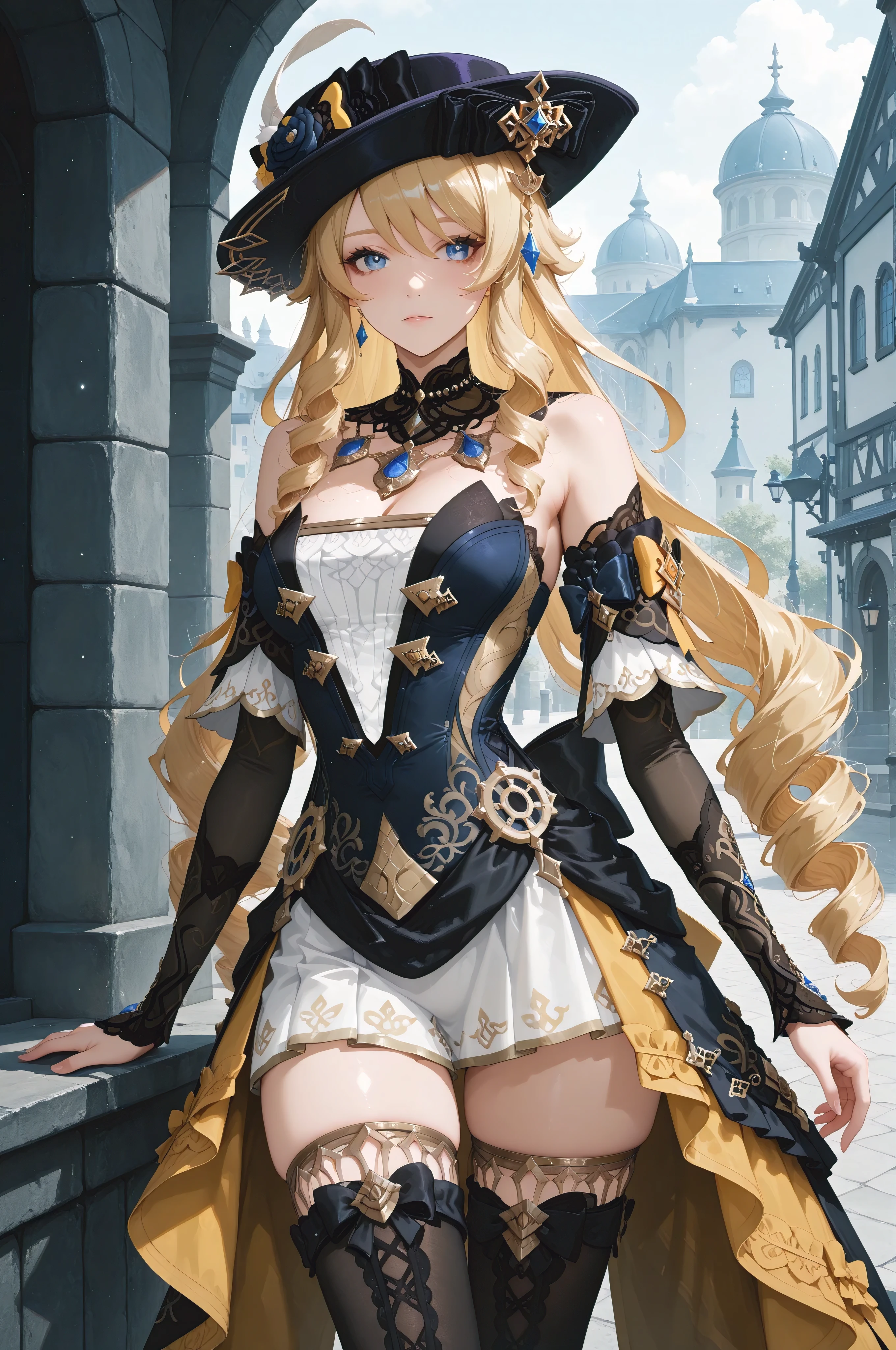 extreme detailed 1girl, masterpiece, ultra-detailed, an extremely delicate and beautiful, solo, navia /(genshin impact/), blue eyes, messy hair, dress, detached sleeves, jewelry, black thighhighs, hat, stay, outdoor, <lora:Navia_XL_LoRA:1>,  <lora:Desolation:0.5> <lora:aesthetic_anime_v1s:0.6>