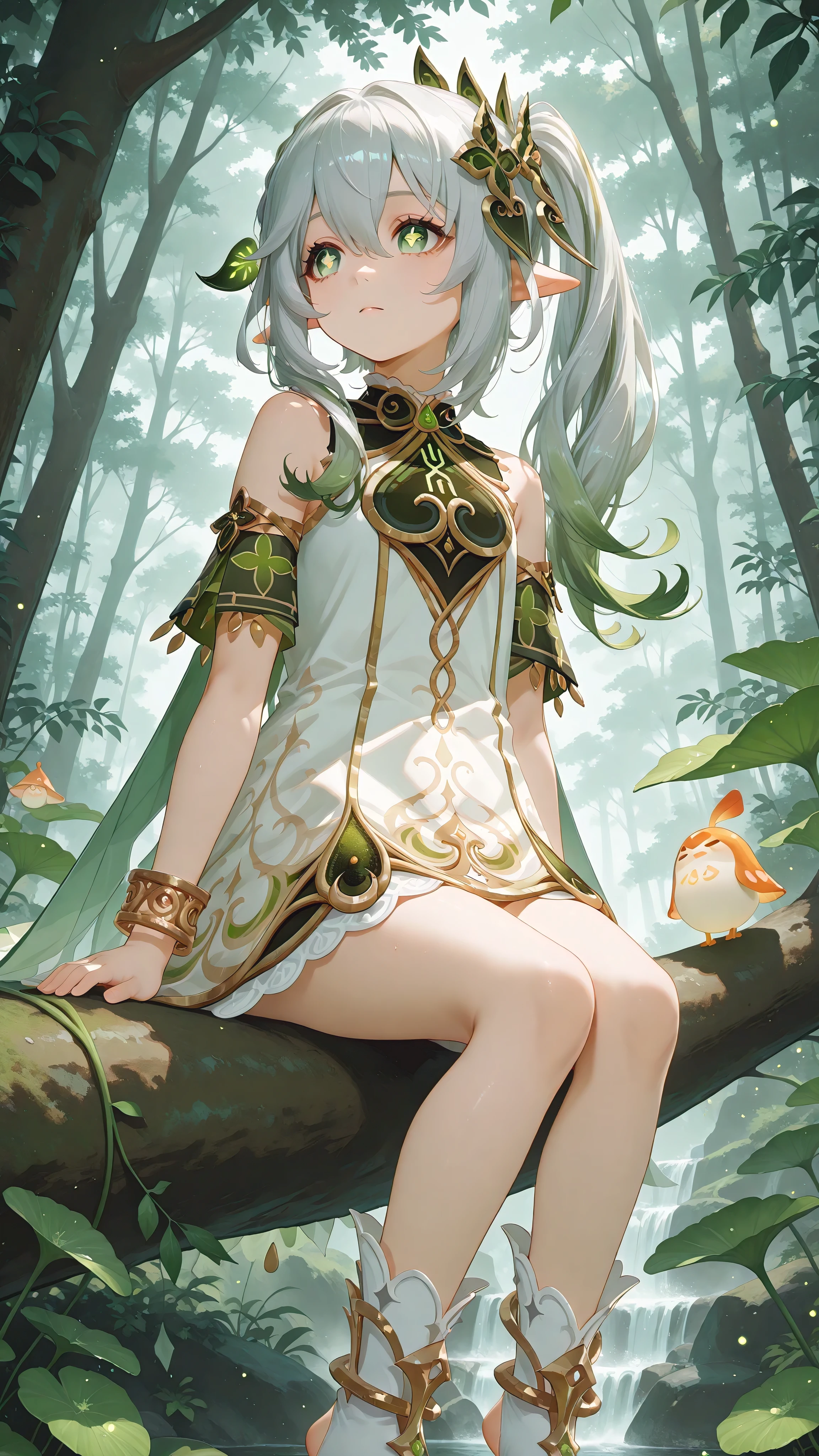 (score_9,score_8_up,score_7_up),<lora:Nahida(genshin impact)-v1:1>,Nahida(genshin impact),1girl,nahida (genshin impact),solo,green eyes,pointy ears,hair ornament,long hair,side ponytail,dress,sitting,multicolored hair,bracelet,white dress,tree,jewelry,bangs,gradient hair,white hair,sidelocks,green hair,symbol-shaped pupils,cape,green cape,detached sleeves,outdoors,short sleeves,looking away,hair between eyes,grey hair,cross-shaped pupils,leaf hair ornament,bare shoulders,nature,
good feet,anime,NSFW,expressive,amazing quality,ultra hd 32k,