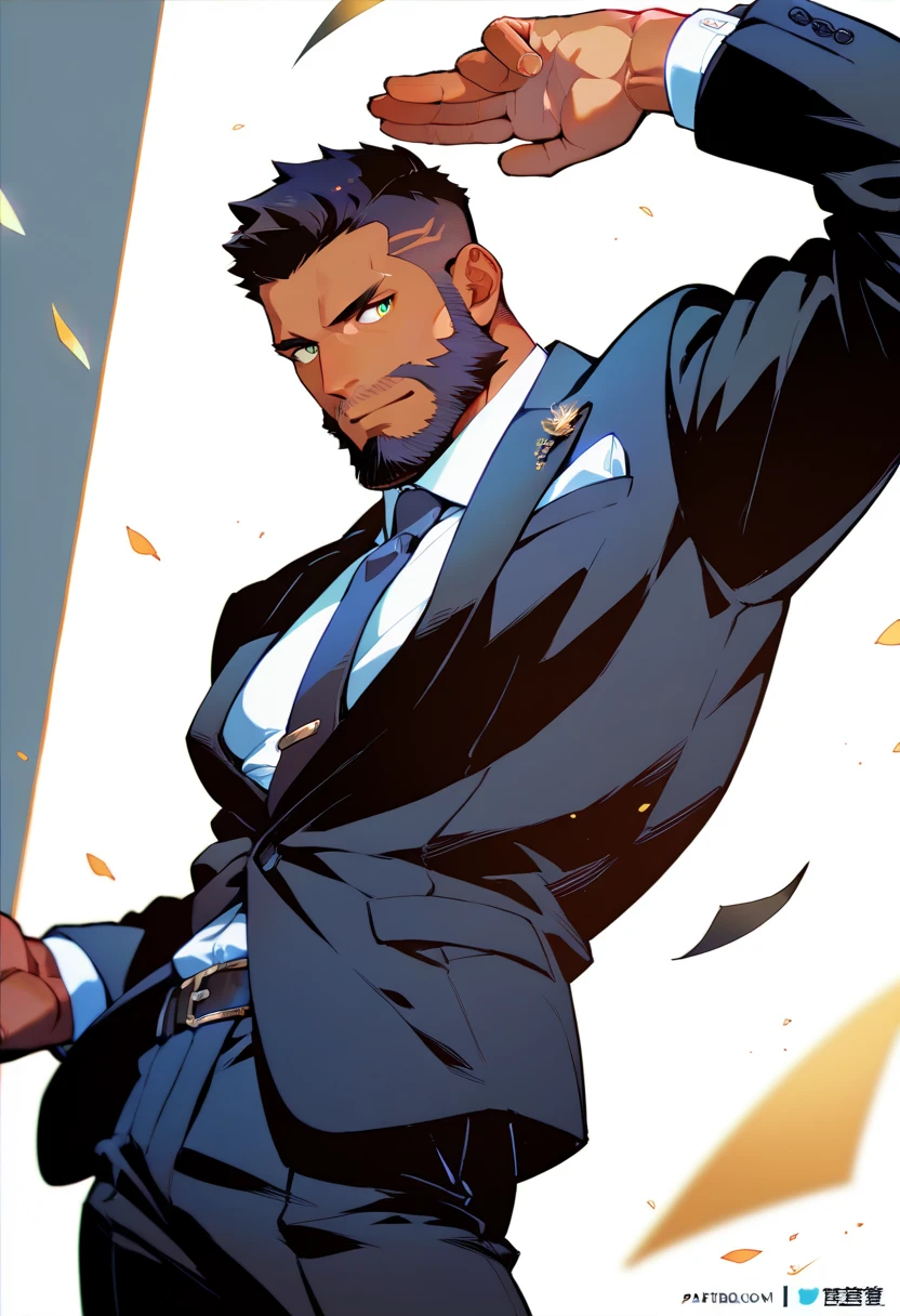 1 man, dark blue hair, suit, ((full body)), smile, black beard, red eyes,50 years old,full body,whole body,