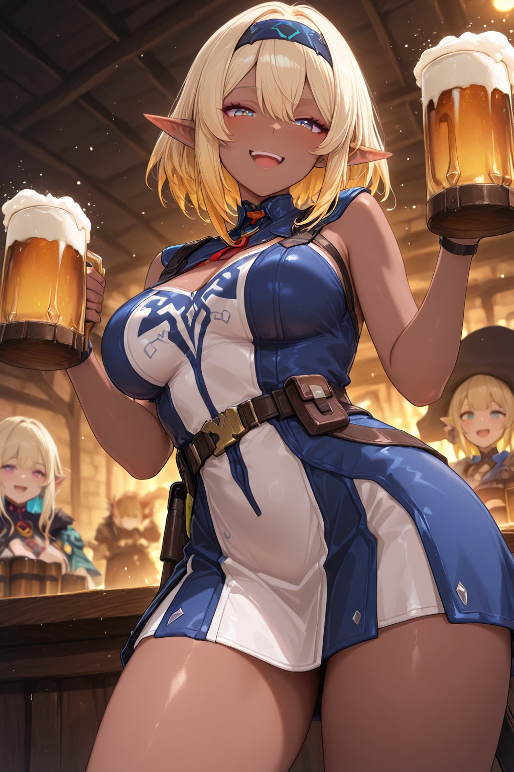 {{{????:1.5}}},looking back,A group of female adventurers set in a medieval fantasy world.３people,Dancer、 (At the pub), Mr..々Hairstyle, Harem, night, detailed aspects, polka dots good, Very short pleated mini skirt with embroidery pattern, Seduce, Sleeveless, armor 、Shoulder Armor、Showing panties、???????????、Big ???、Wide waist、Pull up their skirts