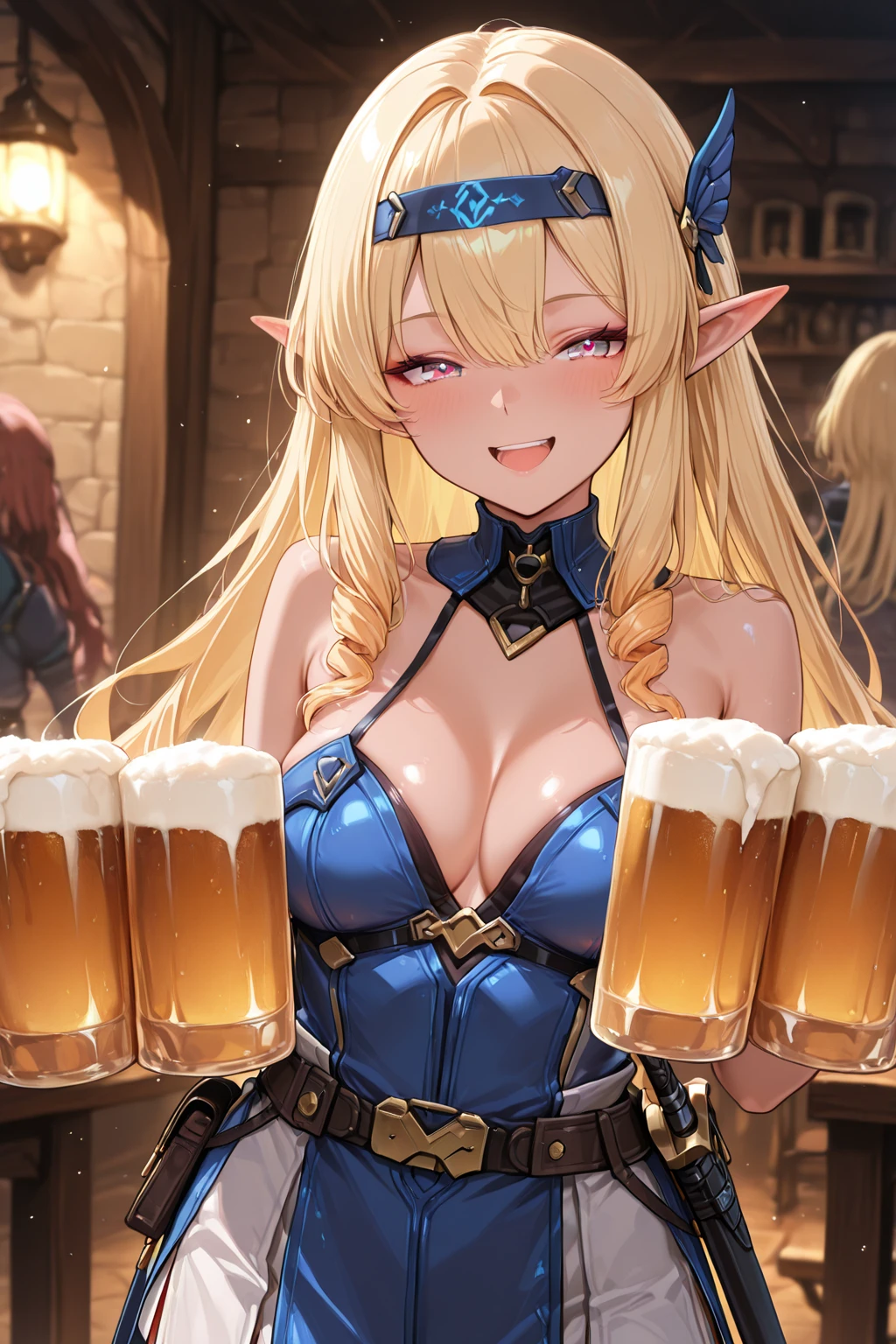 (extremely detailed:1.4),armored girl in a tavern with beer and meat,anime fantasy art,nice body,(big breasts,cleavage),(full thighs,full legs:1.3), fantasy tavern background, seductive loli in armor, oil painting-like rendering, vibrant colors, dramatic lighting