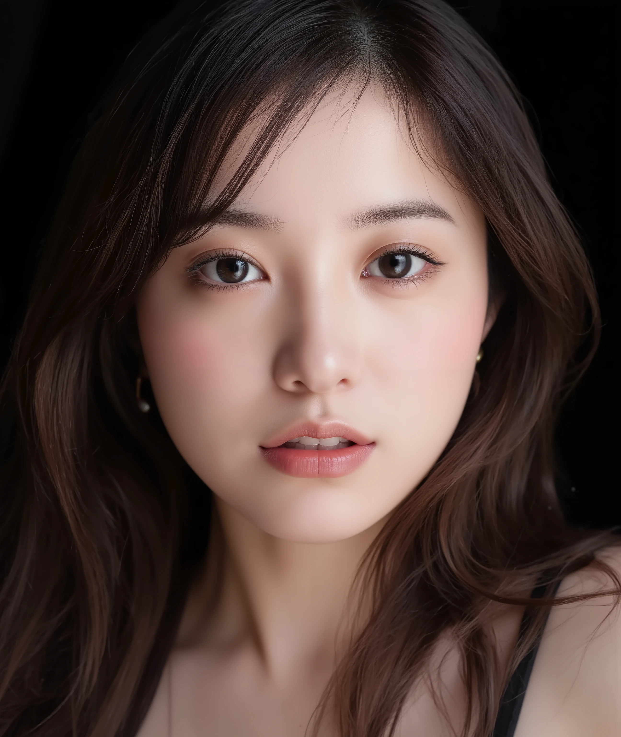 The image is a close-up photograph of a young Asian woman with a fair complexion. Her face dominates the frame, occupying the majority of the image, with her eyes, nose, and lips prominently visible. She has large, almond-shaped eyes with long, thick eyelashes, and her skin is smooth and soft. Her lips are full and slightly parted, revealing a natural, rosy hue. She wears a small silver stud earring in her left ear, adding a subtle touch of personal style.

Her hair is long, dark brown with subtle highlights, and it partially covers her forehead, giving a slightly tousled, casual look. The background is out of focus, but it appears to be a dark, possibly indoor setting, which emphasizes her face and provides a stark contrast to her light complexion. She is wearing a black garment, possibly a top or a sleeve, which is visible at the bottom of the image. The overall mood of the photograph is intimate and personal, capturing a candid moment with a natural, unfiltered aesthetic.