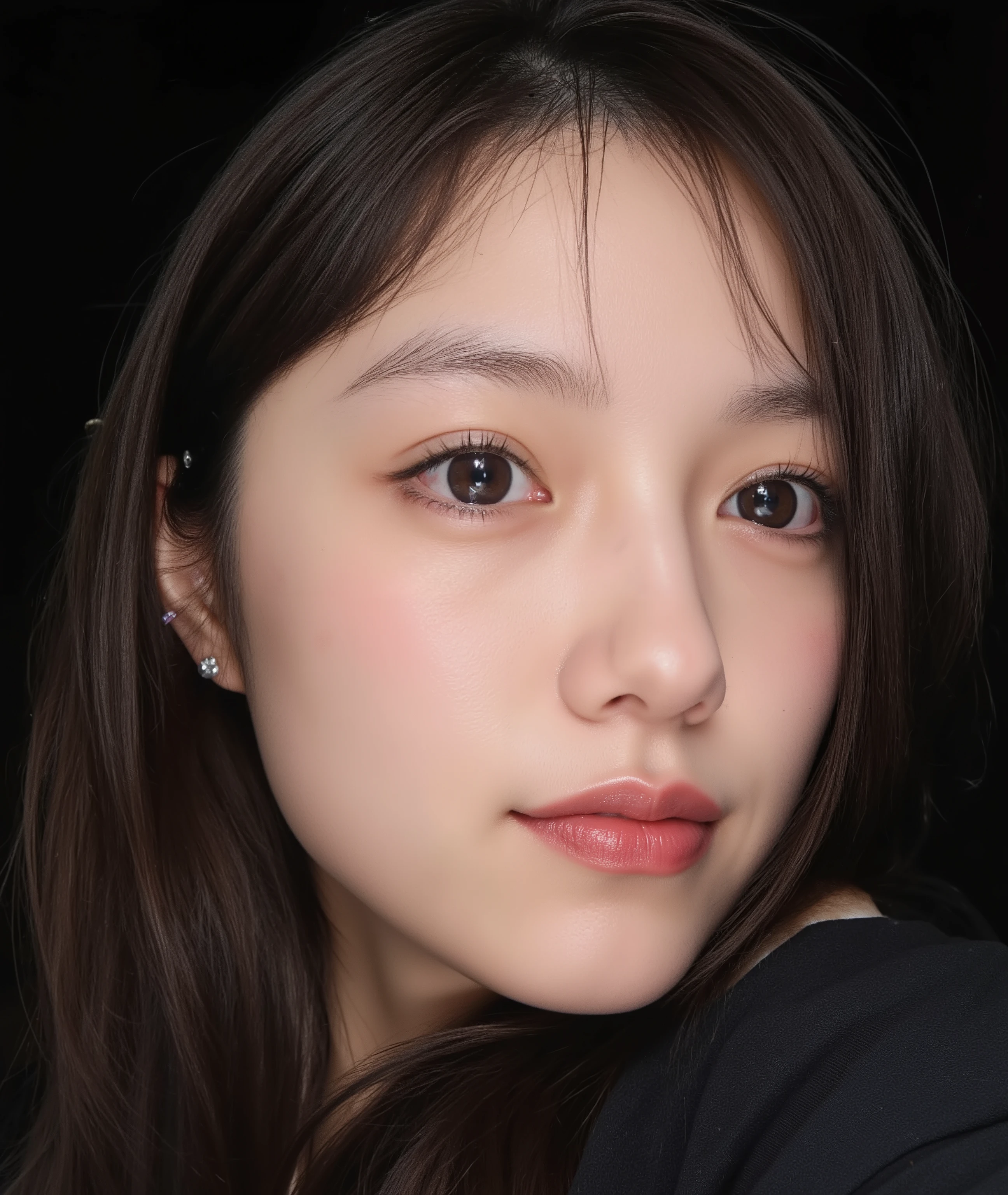 The image is a close-up photograph of a young Asian woman with a fair complexion. Her face dominates the frame, occupying the majority of the image, with her eyes, nose, and lips prominently visible. She has large, almond-shaped eyes with long, thick eyelashes, and her skin is smooth and soft. Her lips are full and slightly parted, revealing a natural, rosy hue. She wears a small silver stud earring in her left ear, adding a subtle touch of personal style.
Her hair is long, dark brown with subtle highlights, and it partially covers her forehead, giving a slightly tousled, casual look. The background is out of focus, but it appears to be a dark, possibly indoor setting, which emphasizes her face and provides a stark contrast to her light complexion. She is wearing a black garment, possibly a top or a sleeve, which is visible at the bottom of the image. The overall mood of the photograph is intimate and personal, capturing a candid moment with a natural, unfiltered aesthetic.