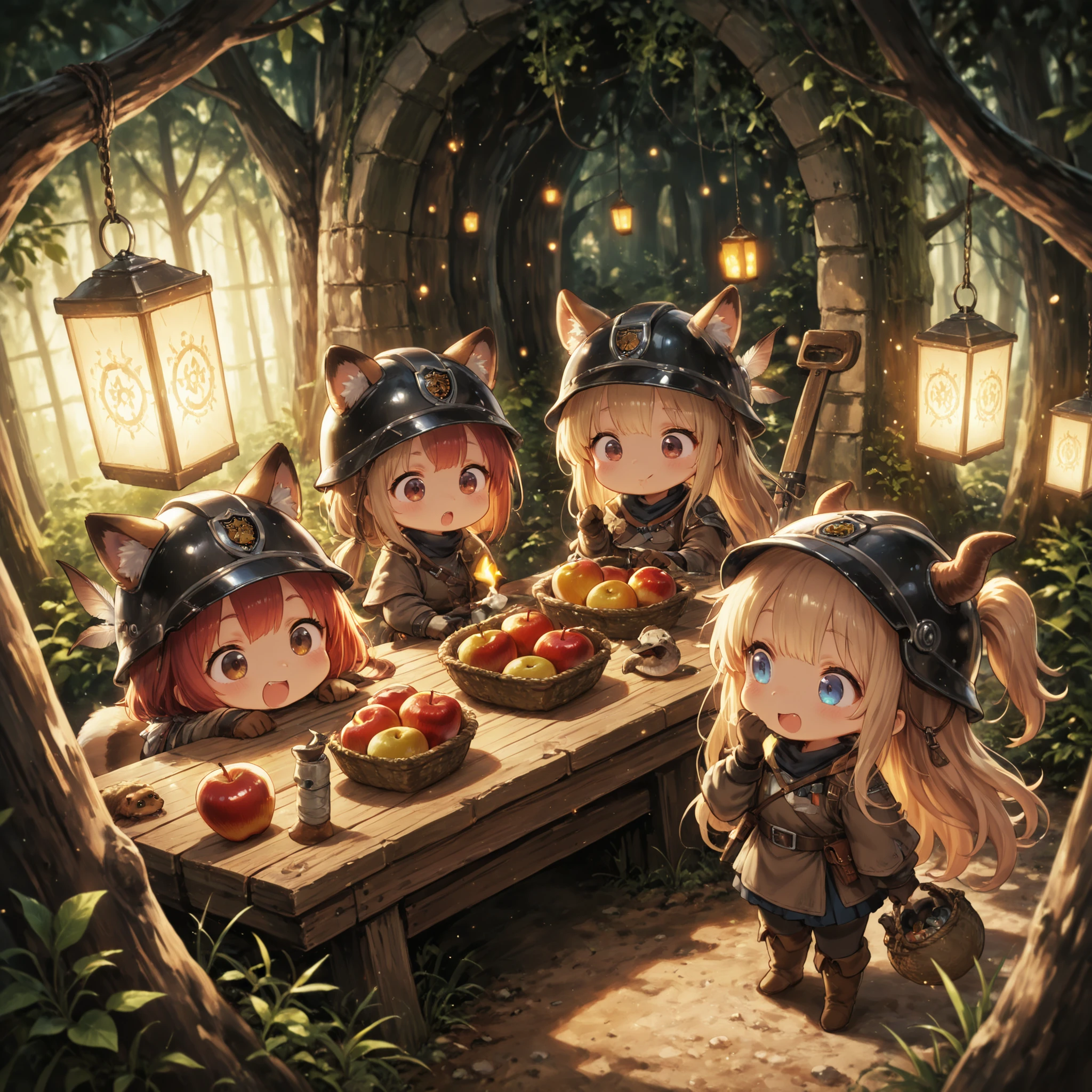 masterpiece, Highest Quality, anime style, (chibi:1.2), full body, 2 heads tall, ( 3 people:1.4),
Girl with Beast Ears, adventurer group , Modern ranger equipment,
Blonde girl with fox ears, Straight Long Hair, blue eyes,
girl with brown raccoon dog ears, font master , brown eyes,
girl with red hair bat ears, long wave hair, Red Eyes,
(in a dim forest), apple, snake, helmets with lights, (high angle),
glowing,TheDeail,mesugaki,Cute,