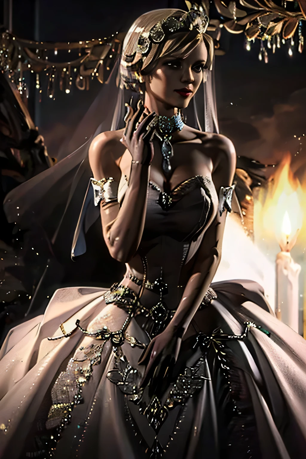 Cassie MK, hair between eyes, ahoge, blonde hair, star \(symbol\), hair ornament, ruffled tulle dress, cleavage, bare shoulders, collarbone, long black elbow gloves, black gloves, black dress, black choker, strapless, tiara, veil, strapless dress, princess dress, veil, beautiful woman, perfect body, perfect breasts, wearing a princess dress, ball gown, in the park trees, wedding decorations, a warm smile, realism, masterpiece, textured skin, super detail, high detail, high quality, best quality, 1080p, 16k