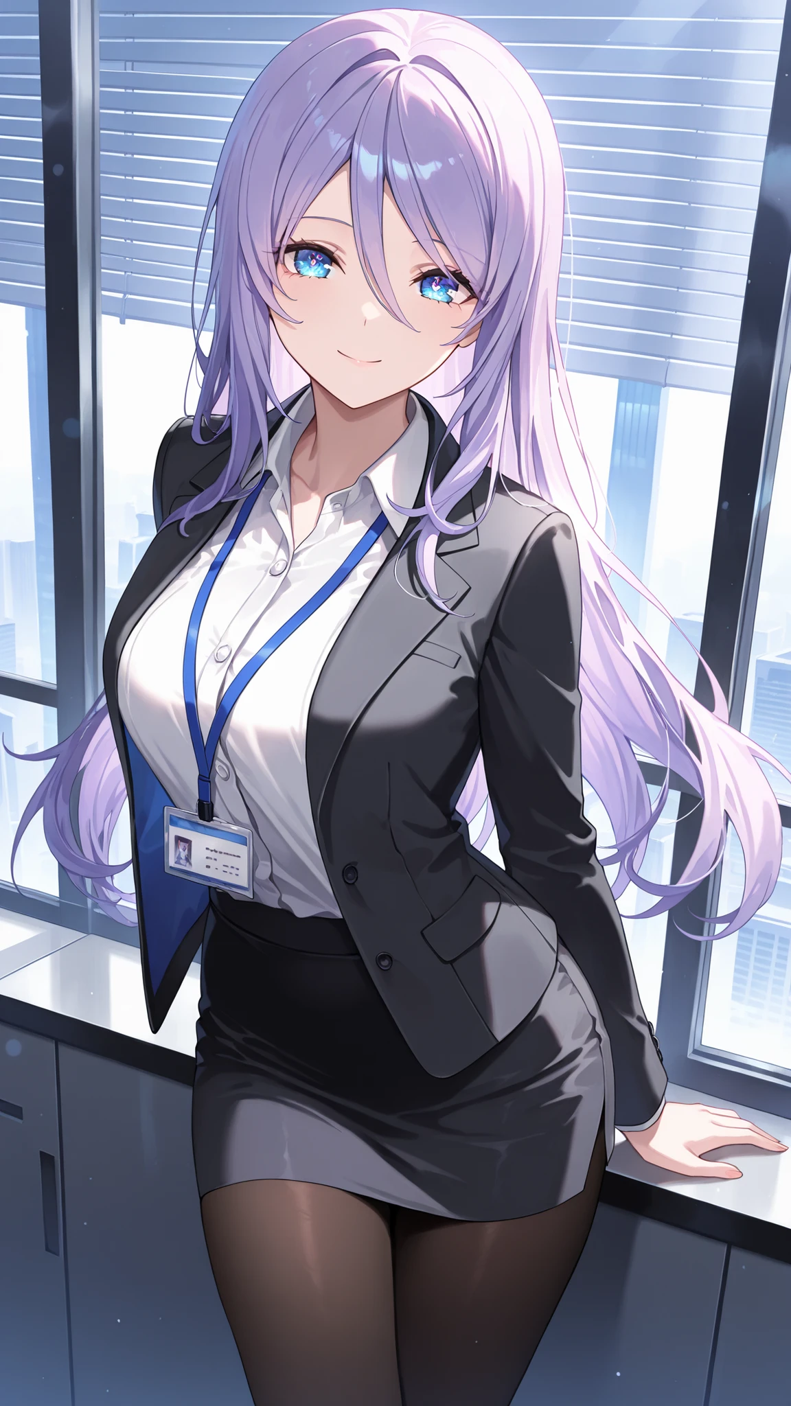 masterpiece,best quality,highre,ultra-detailed,detailed illustration,source_anime,1girl,solo,slender,Shizuru,purple hair, long hair, blue eyes,enchanting eyes,highly detailed eyes,hair between eyes,office lady,black jacket,open jacket,miniskirt,black pantyhose,looking at viewer,smile,