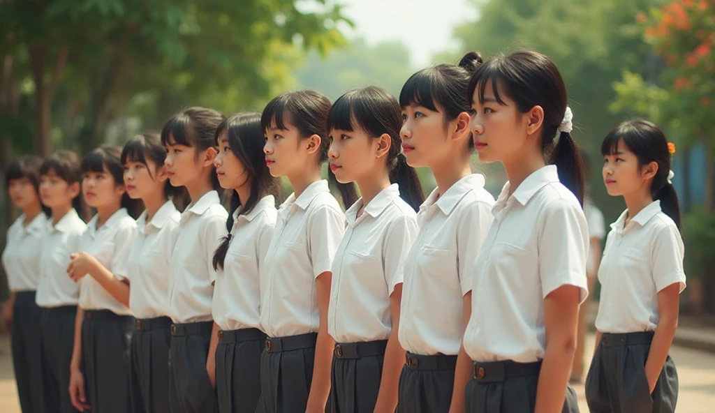 A group of 10 female students standing in a row、Women's dormitory、entrance、slender、Are thin、Blonde、Brown Hair、Black Hair、Huge 、、Daytime、String  Thighs Thighs、Spread your 、Short sleeve white shirt、、、Amorous、