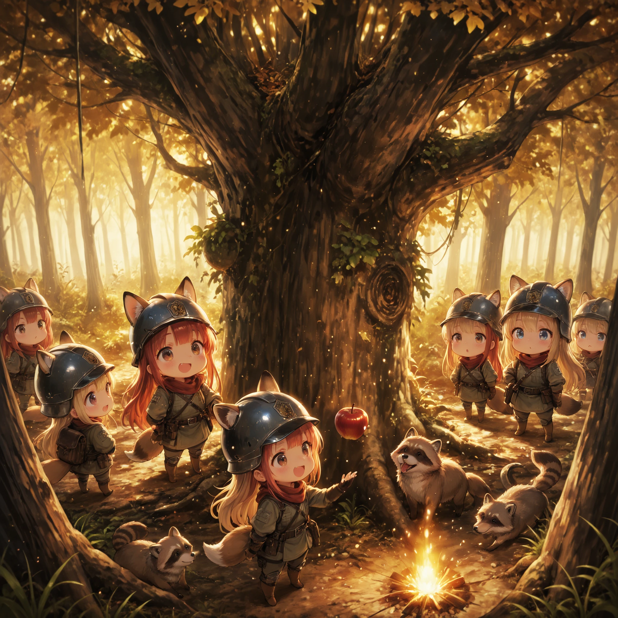 masterpiece, Highest Quality, anime style, (chibi:1.2), full body, 2 heads tall, ( 3 people:1.4),
Girl with Beast Ears, adventurer group , Modern ranger equipment,
Blonde girl with fox ears, Straight Long Hair, blue eyes,
girl with brown raccoon dog ears, font master , brown eyes,
girl with red hair bat ears, long wave hair, Red Eyes,
(in a dim forest), apple, snake, helmets with lights, (high angle),
glowing,TheDeail,mesugaki,Cute,