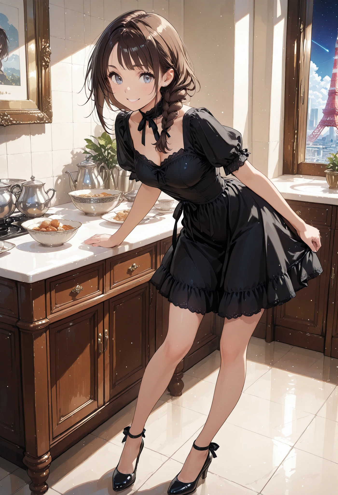 THE BEST DINNER、Super fine restaurant、skyscrapers、top floor、Night view、see Tokyo Tower、meteor、空から降り注ぐmeteor、無数のmeteor群、Luxury Decor、antique、Beautiful girl、cute expression、Full Body、dark haired、black dress、dishes arranged on the table、course meals、Full course、candlestick、high definition、16k、brown hair,shortcut,unkempt hair,Short braided hair,Neat,slender beauty,correct attitude,beautiful legs,Enchanting Gray-Blue Eyes Shine Like Stars,Saggy Eyes,bright color,beautiful eyes,A delicate smile,Textured Skin,BEST QUALITY THE BEST,gentle and beautiful woman,anime style、