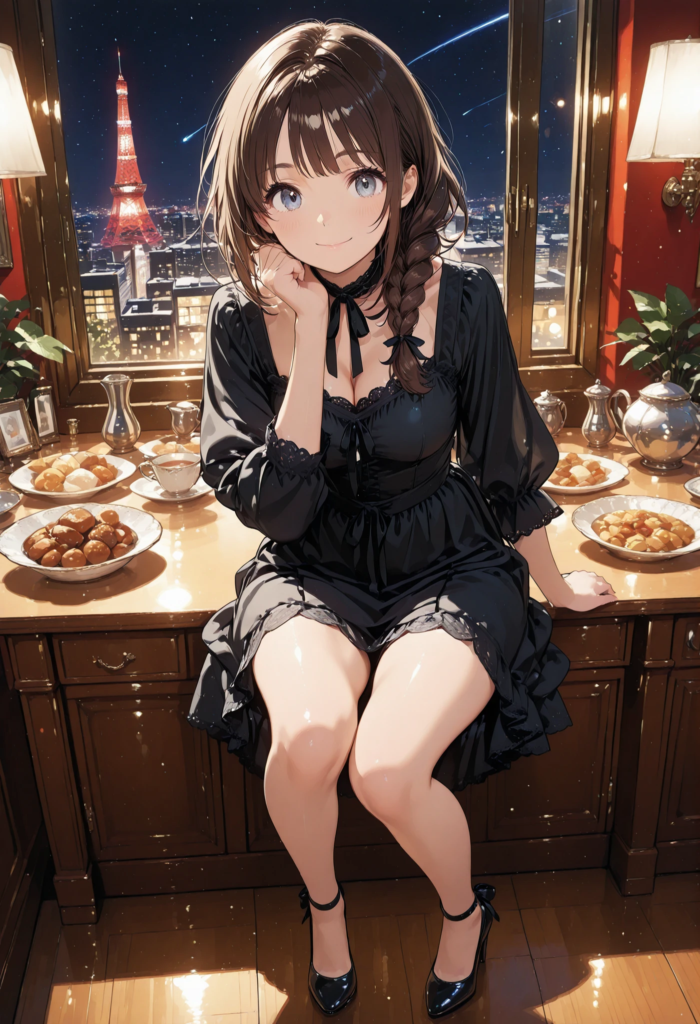 THE BEST DINNER、Super fine restaurant、skyscrapers、top floor、Night view、see Tokyo Tower、meteor、空から降り注ぐmeteor、無数のmeteor群、Luxury Decor、antique、Beautiful girl、cute expression、Full Body、dark haired、black dress、dishes arranged on the table、course meals、Full course、candlestick、high definition、16k、brown hair,shortcut,unkempt hair,Short braided hair,Neat,slender beauty,correct attitude,beautiful legs,Enchanting Gray-Blue Eyes Shine Like Stars,Saggy Eyes,bright color,beautiful eyes,A delicate smile,Textured Skin,BEST QUALITY THE BEST,gentle and beautiful woman,anime style、