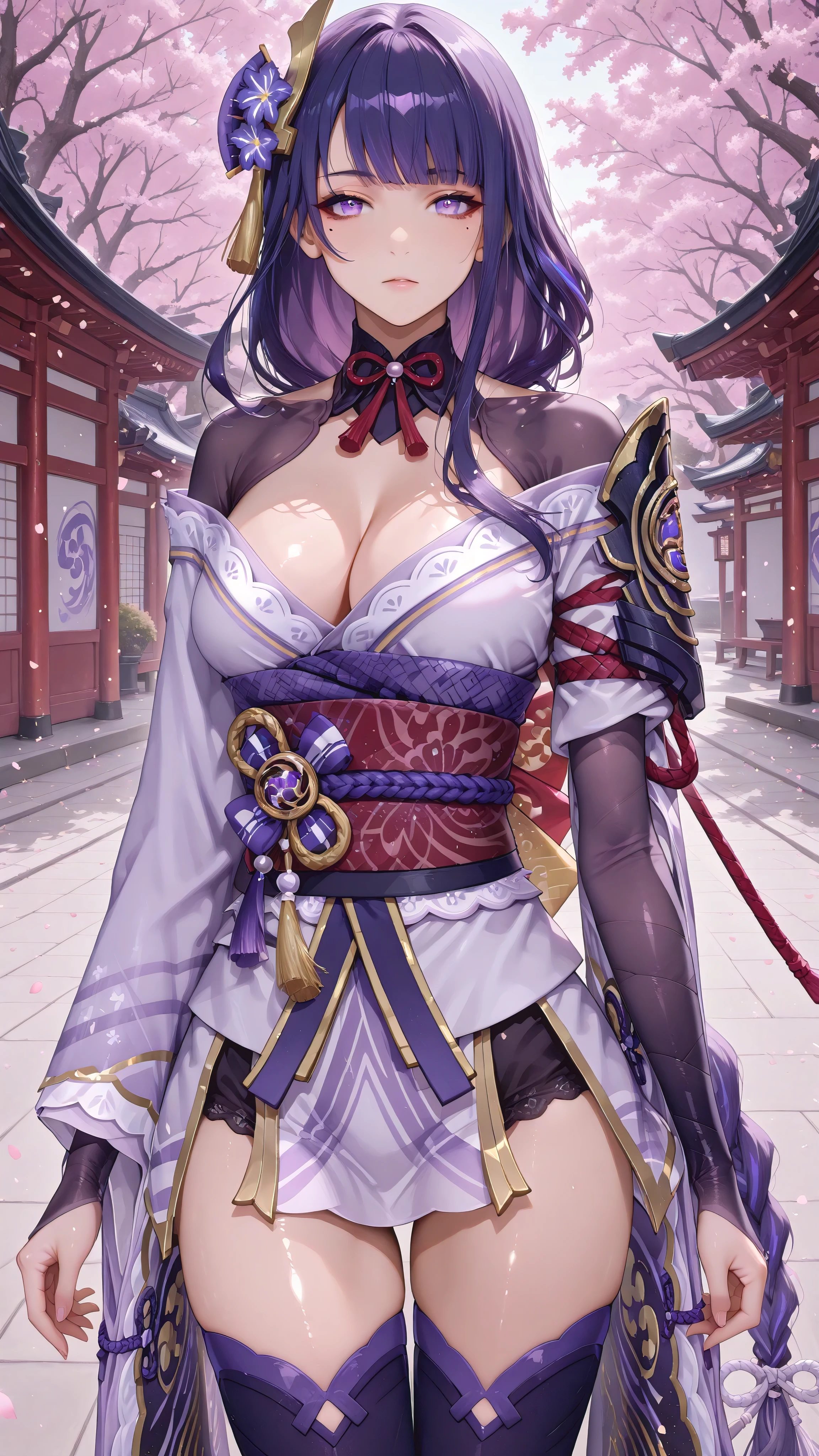 score_9, score_8_up, score_7_up, source_anime, 1girl, solo, outdoors, street, cherry blossoms, cowboy shot, standing, looking at viewer, shiny skin, close-up, raiden_shogun, purple eyes, purple hair, very long hair, mole, mole under eye, hair ornament, braid, braided ponytail, hair flower, ribbon, purple kimono, japanese clothes, off shoulder kimono, cleavage, shrug_(clothing), sash, obi, long sleeves, wide sleeves, elbow gloves, bridal gauntlets, tassel, choker, short kimono, shoulder armor, purple thighhighs