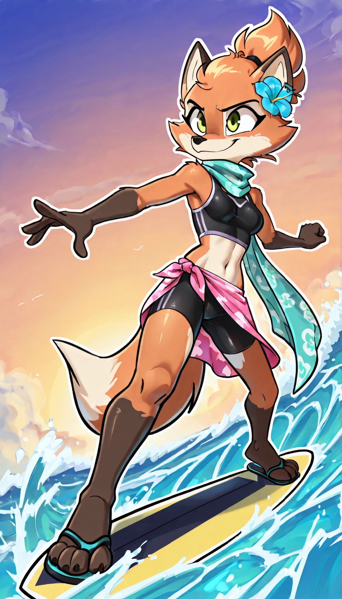 score_9, score_8_up, score_7_up, 1girl, source furry, absurdres, masterpiece, best quality, amazing quality, siroc, solo, dynamic angle, fleetfox, furry, fox, orange fur, green eyes, female, short hair, spiky pointed bangs tuft, ((fleetSummer, black tankini, midriff, black bike shorts, navel, turquoise long scarf with flower pattern, pink sarong, flip flops)), full body, feets with three toes, small breasts, ponytail, smile, surfing, anime style, thick outline, surfing, standing on a surfboard, outside, The beautiful blue sea, waves, sky, confident,
