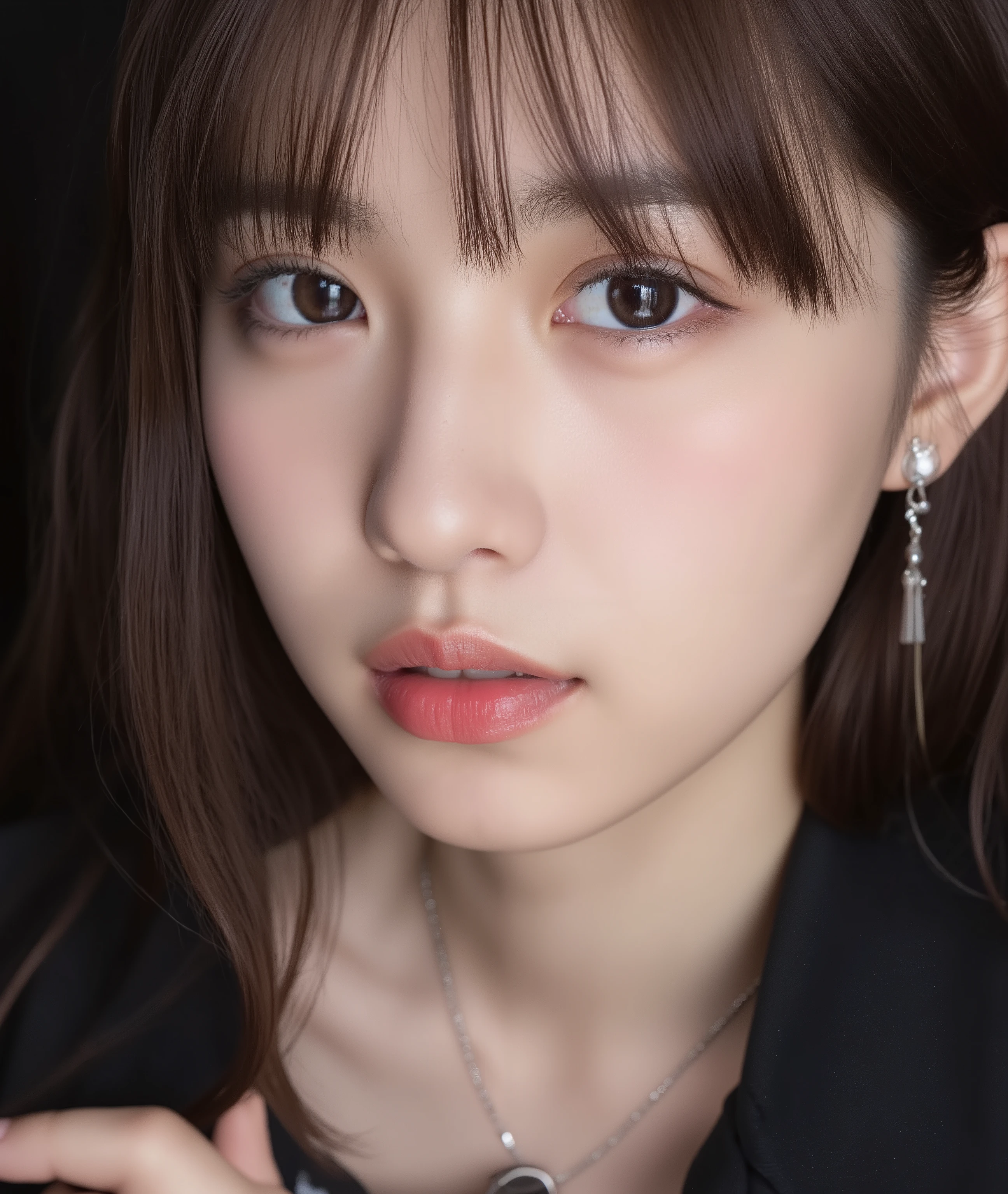 The image is a close-up photograph of a young Asian woman with a fair complexion. Her face dominates the frame, occupying the majority of the image, with her eyes, nose, and lips prominently visible. She has large, almond-shaped eyes with long, thick eyelashes, and her skin is smooth and soft. Her lips are full and slightly parted, revealing a natural, rosy hue. She wears a small silver stud earring in her left ear, adding a subtle touch of personal style.

Her hair is long, dark brown with subtle highlights, and it partially covers her forehead, giving a slightly tousled, casual look. The background is out of focus, but it appears to be a dark, possibly indoor setting, which emphasizes her face and provides a stark contrast to her light complexion. She is wearing a black garment, possibly a top or a sleeve, which is visible at the bottom of the image. The overall mood of the photograph is intimate and personal, capturing a candid moment with a natural, unfiltered aesthetic.